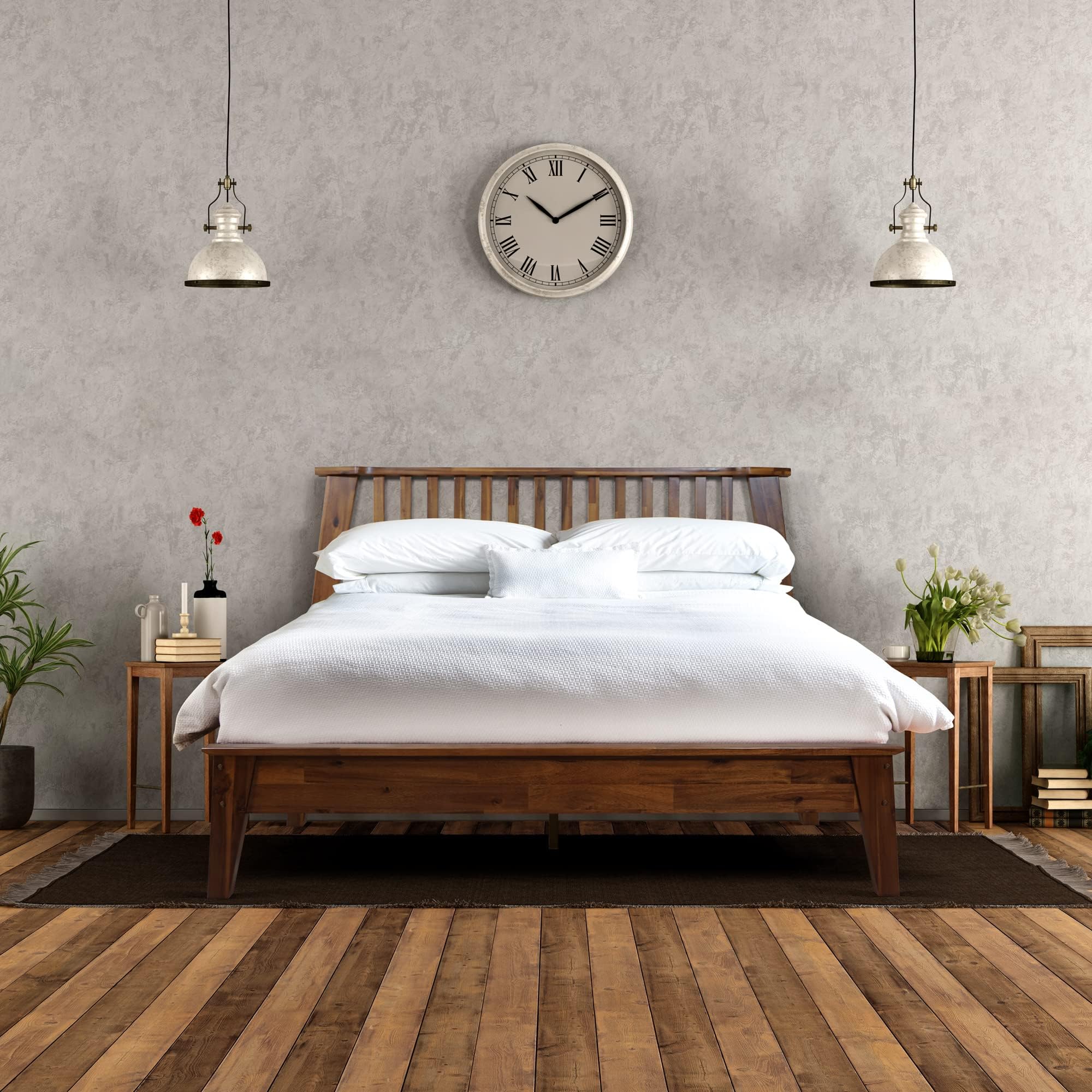 Acacia Kaylin Wooden Bed Frame with Headboard, Solid Wood Platform bed with Wood Slat Support, No Box Spring Needed, Queen (U.S. Standard), Chocolate, 14 Inch, V1