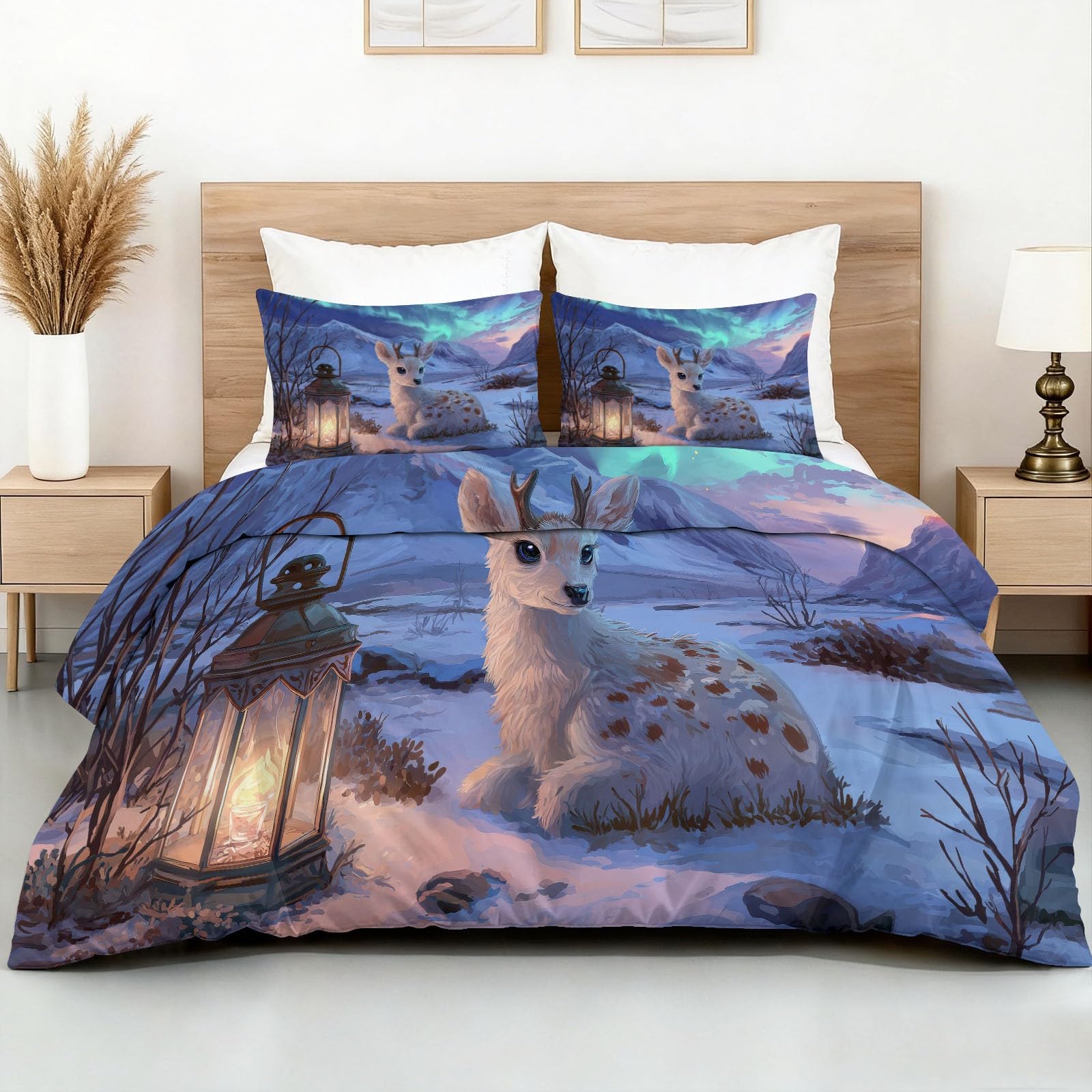 Générique Fantastyczna poszwa na kołdrę 3D Animal 220 x 240 cm, latarnia jeleń śnieżna góra - 3-częściowy zestaw pościeli z niebieskiej mikrofibry z nadrukiem (poszwa na kołdrę 2 poszewki na poduszki)