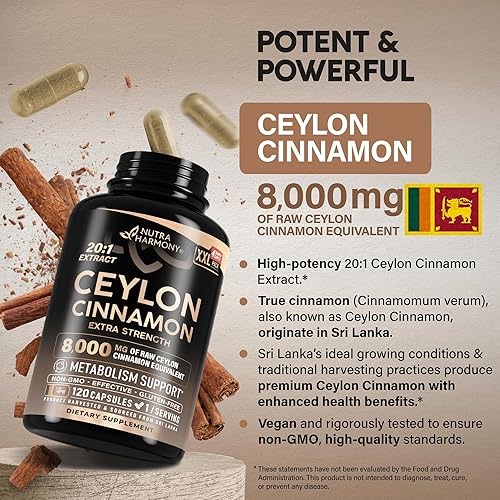 Miniatura 8 de Cápsulas de canela de Ceilán, 8000 mg, extra fuerza, fabricadas en Estados Unidos, apoyo de energía, corazón y metabolismo, para hombres y mujeres,