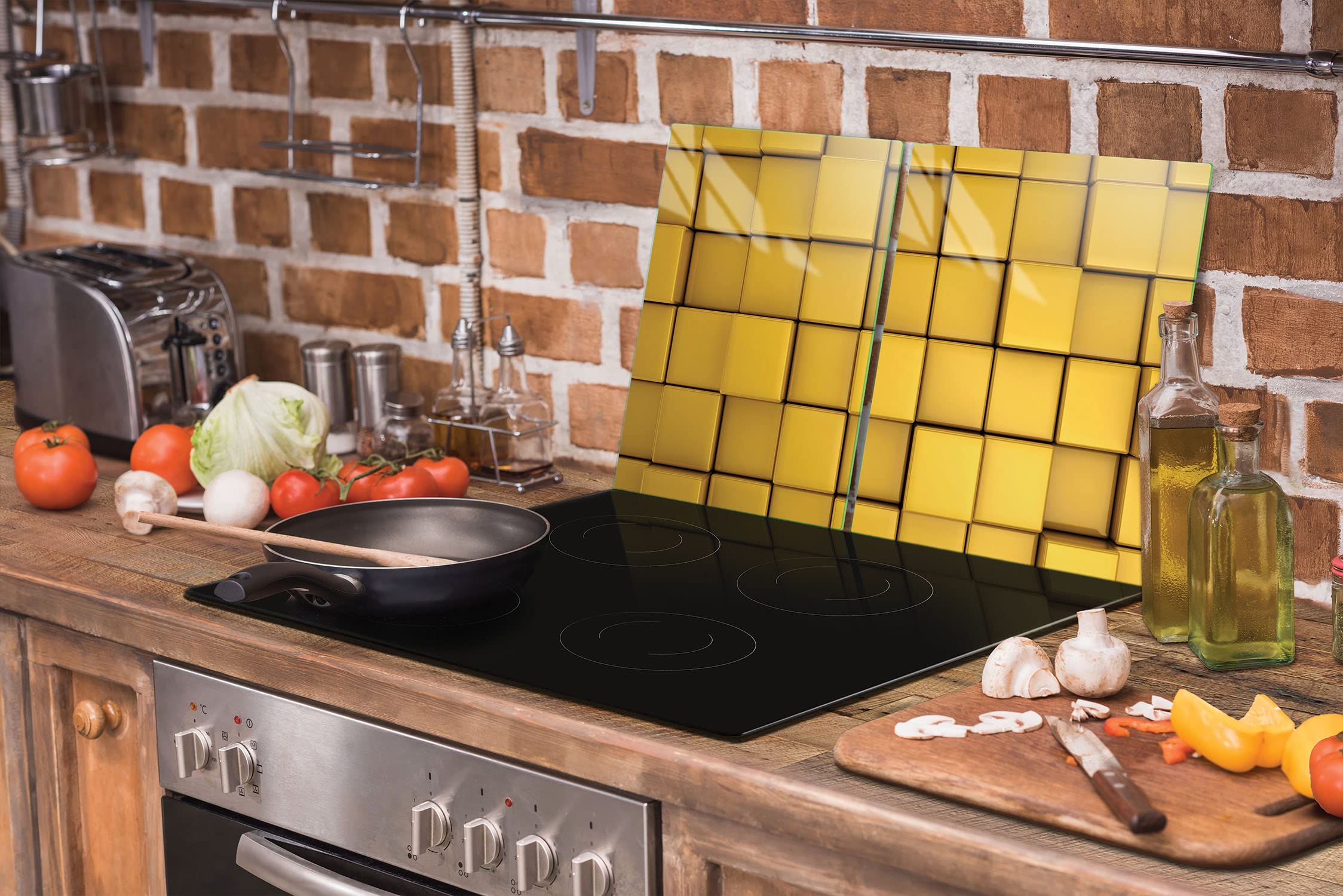 Herdabdeckplatten 90x52 cm 2-teilig Ceranfeldabdeckung Induktion Herdschutz Spritzschutz Glasplatte Deko Schneidebrett, Stück Gelb