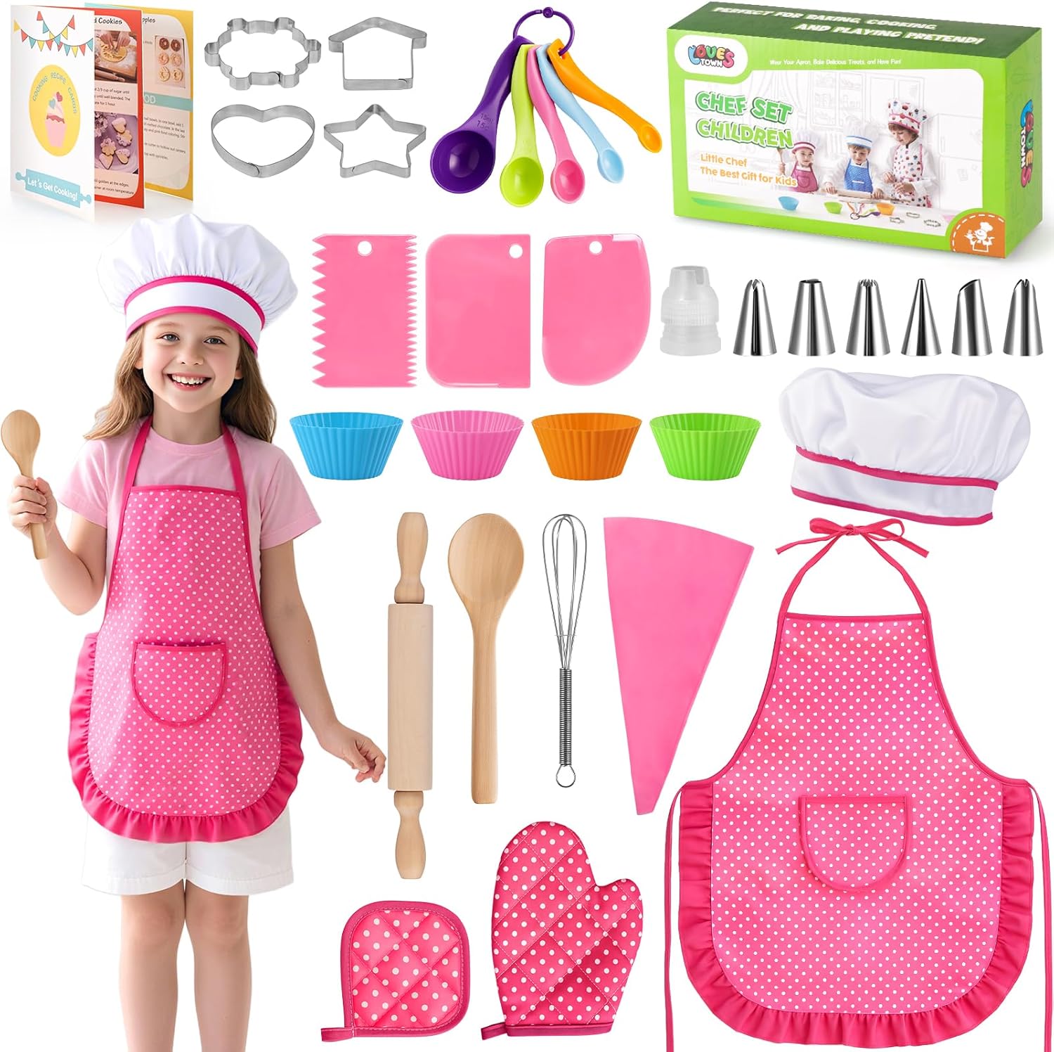 LovesTown Kids Cooking and Baking Sets, 32PCS Pretend Play Toys for Toddler Dress Up Clothes Birthday for Girls