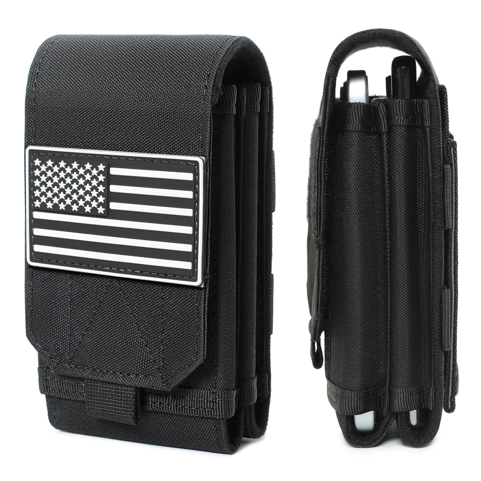 Tactical Molle EDC Phone Pouch Universal Dual Mobile Phone Holster Holder with US Flag Patch (Black)