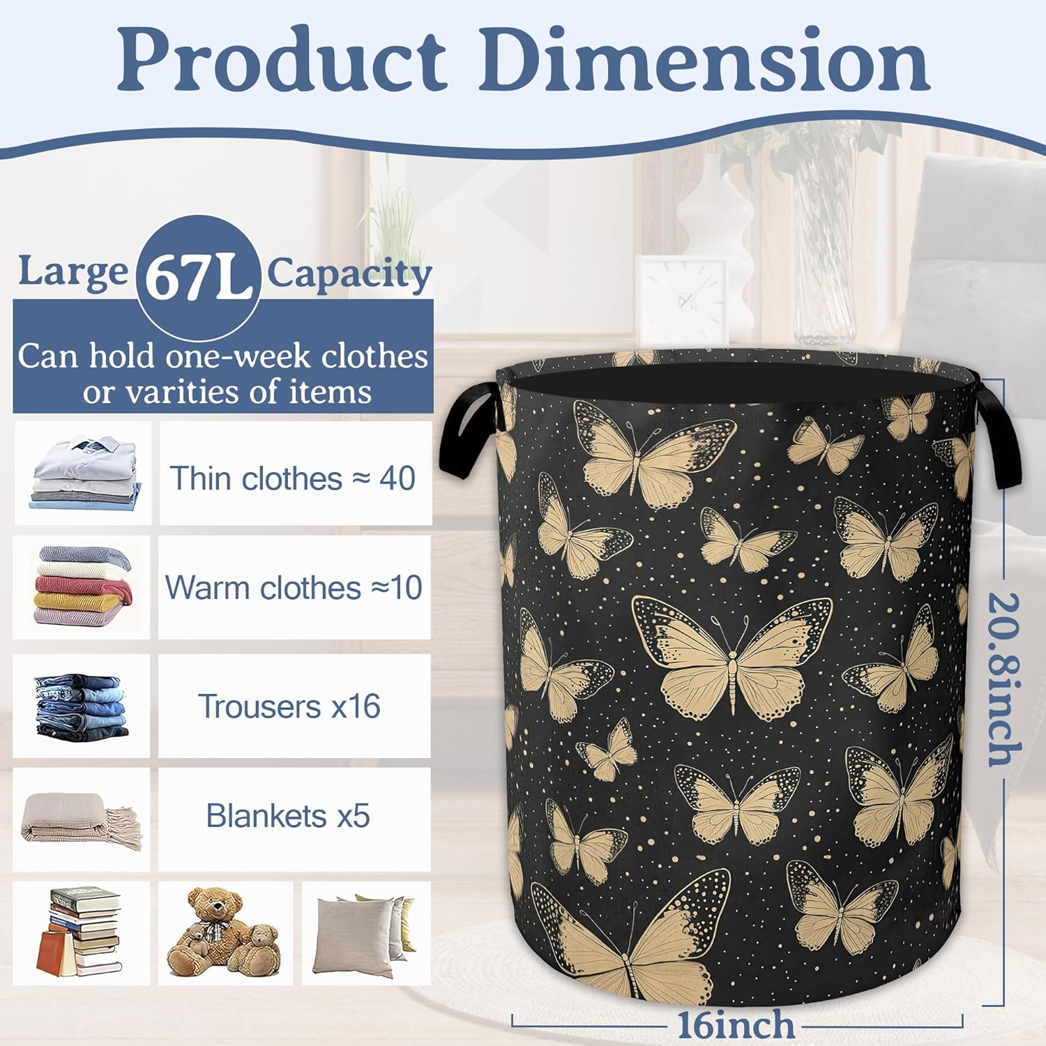 Golden Butterfly Laundry Basket,Foldable Waterproof Oxford Cloth Tote Bag Vintage Laundry Hamper with Handles,20.8"x16" Clothes Storage Bucket Organizer for Laundry Room, Bathroom, Bedroom