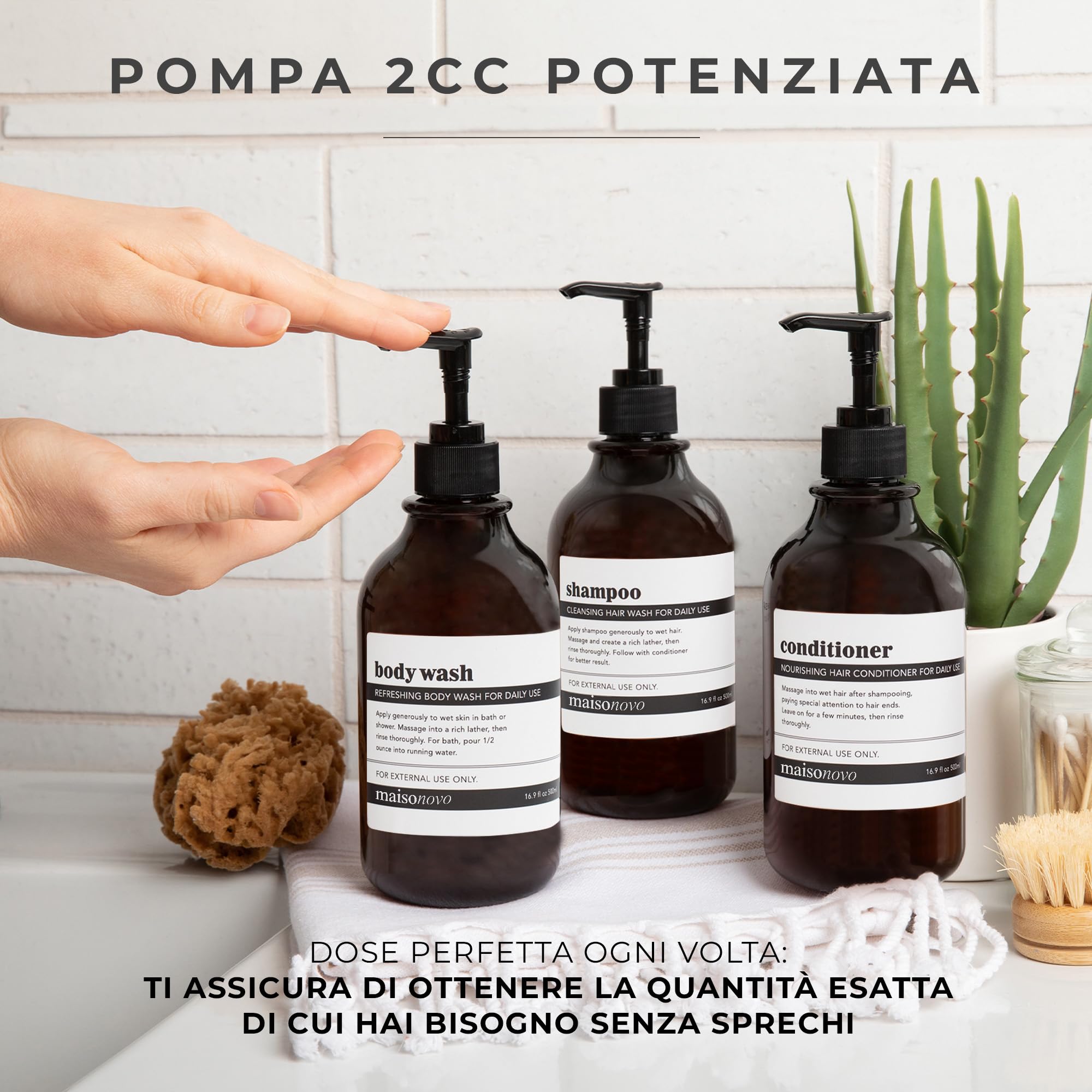 MaisoNovo Bottiglie per shampoo e balsamo Set di 3 - dispenser sapone doccia - 500ml Dispenser shampoo e bagnoschiuma - bottiglie di plastica ambra e Pompe nere