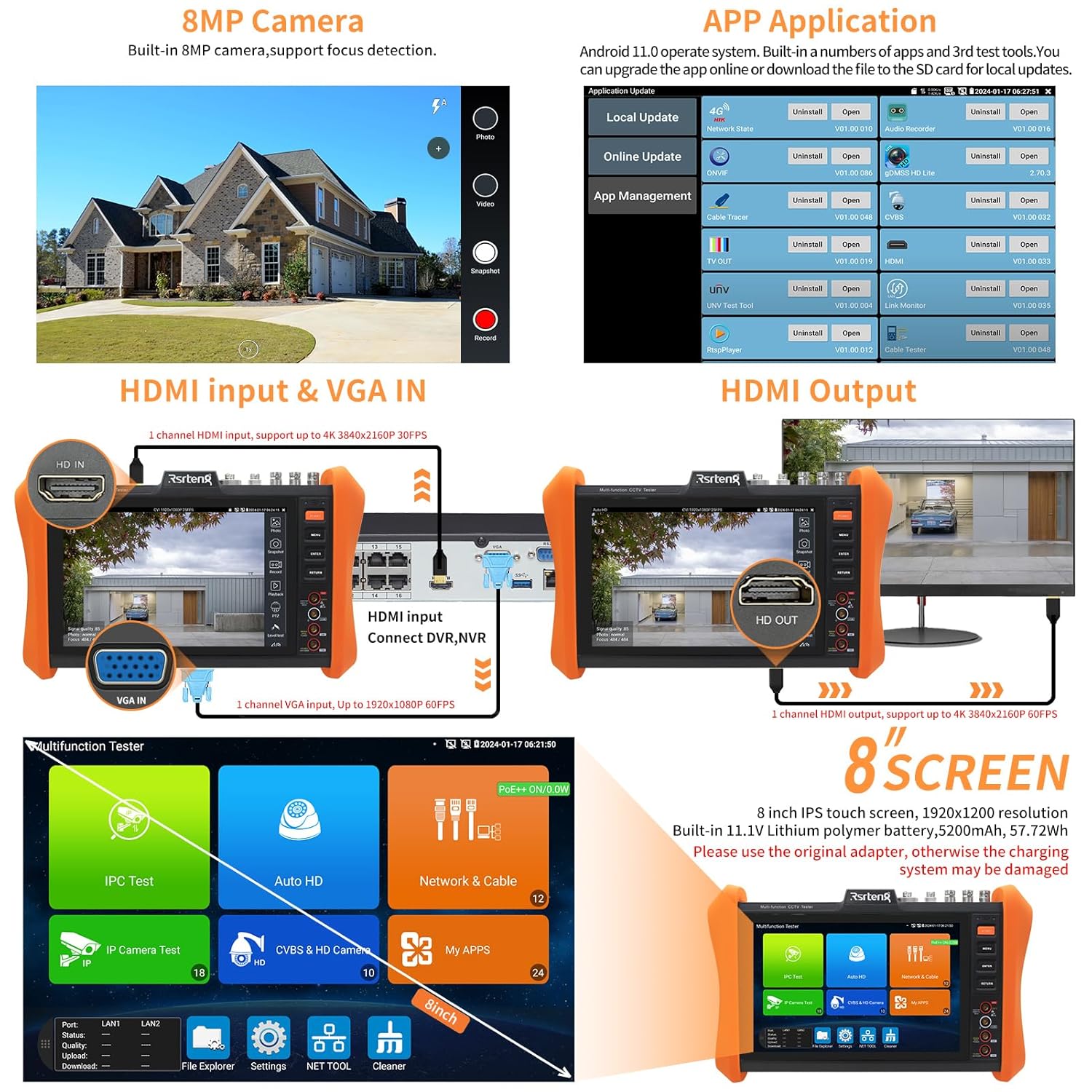 Rsrteng CCTV Tester 8K 32MP 12MP IP Camera Tester,POE++ Max 90W POE Camera Test 8MP TVI/CVI/AHD/SDI/CVBS Cable Test DMM TDR Network Tools Gigabit SFP Port HD WiFi