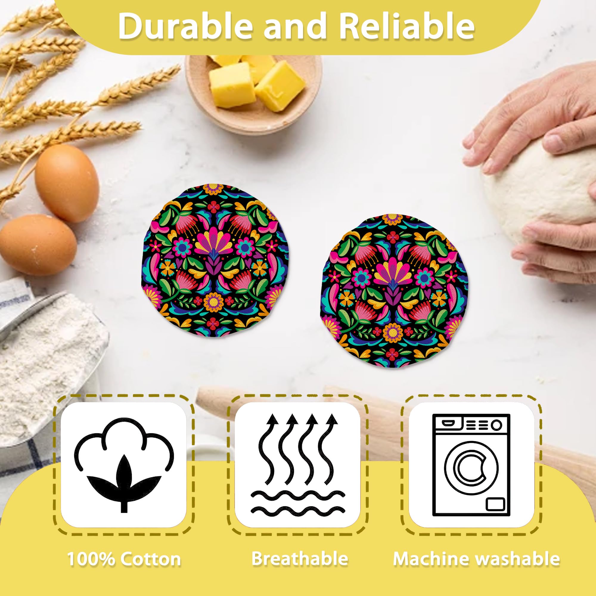 Colorful Floral Mexican Sourdough Jar Cover Reusable Cloth Lid for Sour Dough Starter Jar,5 Pack Bread Fermentation Container Tops Elastic Fabric Caps
