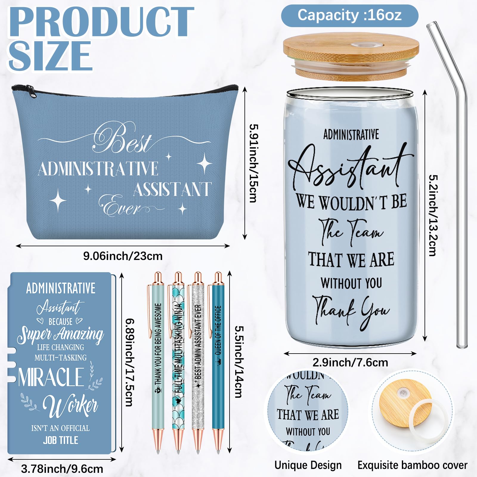 Skylety 7 Pcs Administrative Assistant Gifts Set 16oz Glass Tumbler Makeup Bag Ballpoint Pens Notebook Admin Professional Day Secretary Thank You Gift for Women Lady Coworkers Office