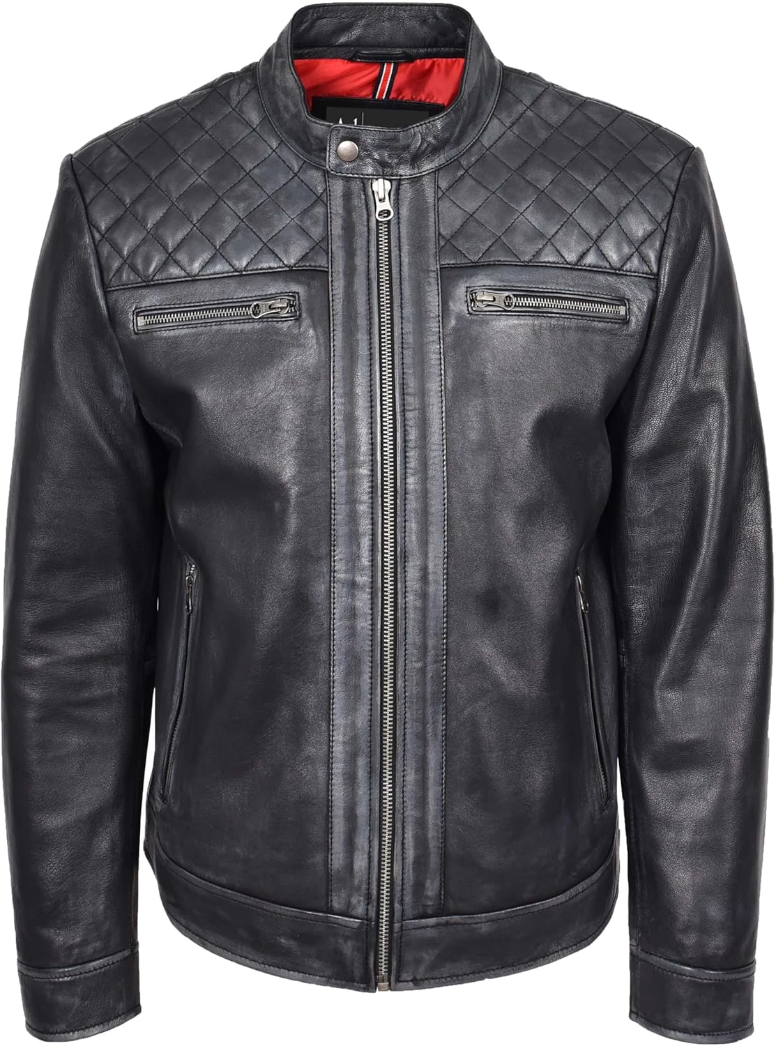 Real Leather Mens Biker Jacket Rub-off Rugged Vintage Look Zip Fasten Cafe Racer Style Samuel