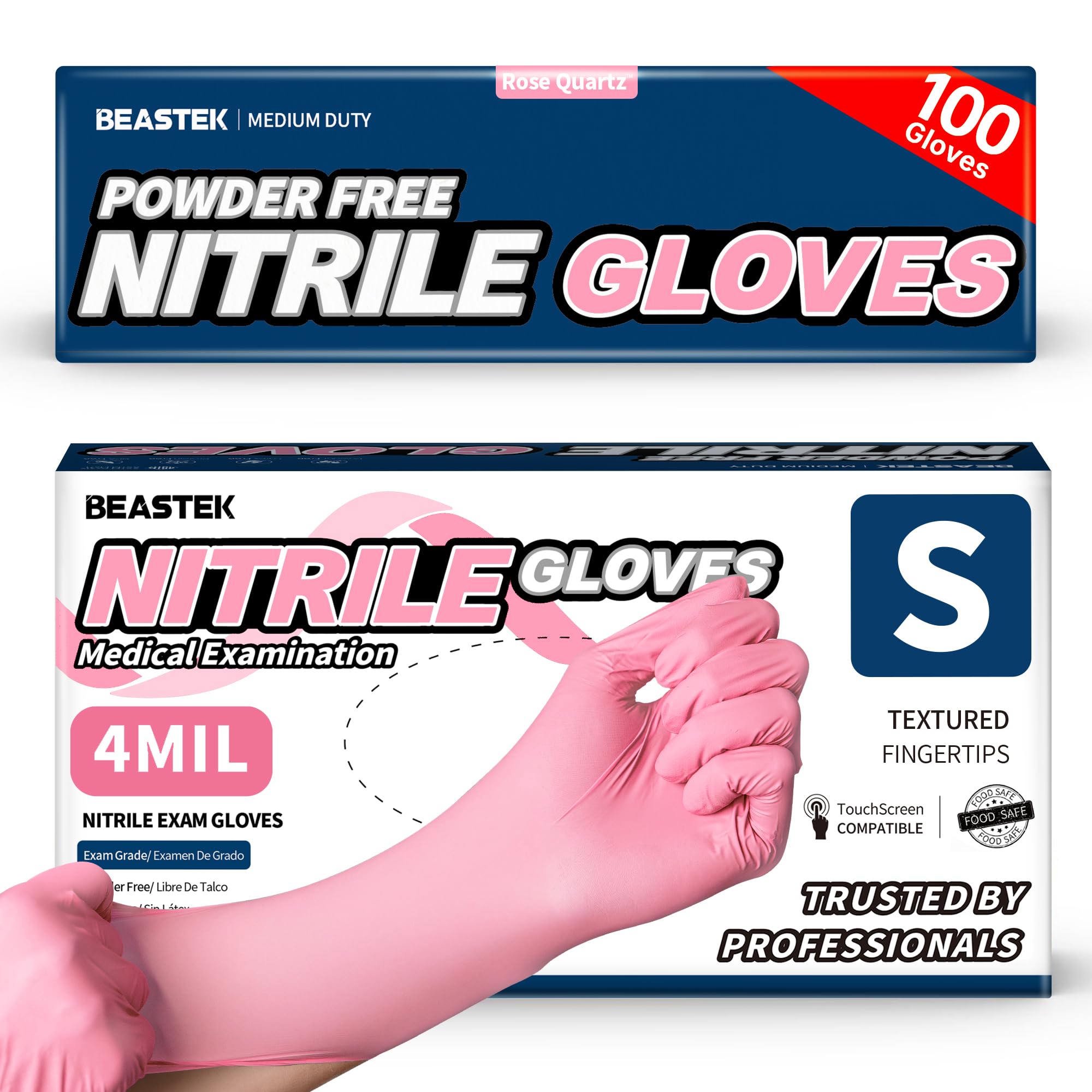 Beastek Nitrile Disposable Gloves, 4 mil Pink Powder-Free Latex-Free Medical Food Grade Cleaning Esthetician Glove, 100 Pcs (Small)