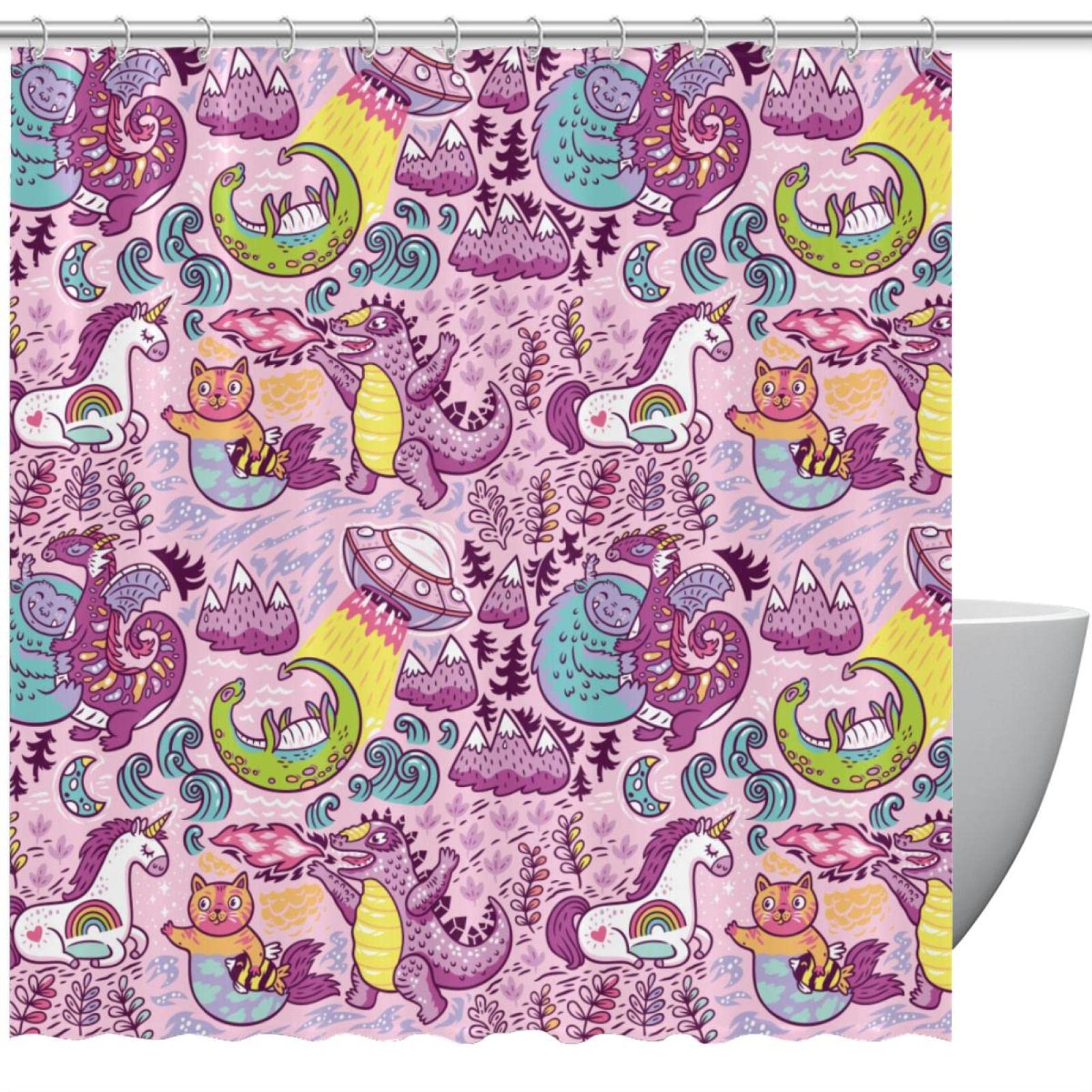 Rideau de douche licorne chat monstre 168x183 cm pour salle de bain