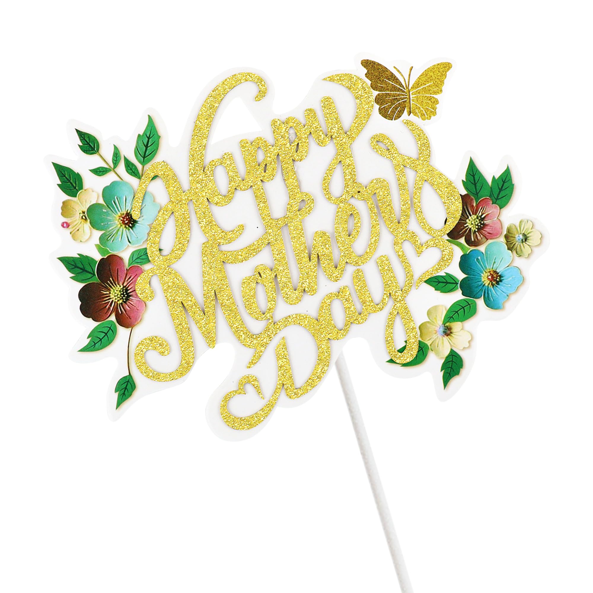 Happy Mother's Day Cake Topper - Gold Glitter "Mom" Letters With Floral Design, Decorative Party Cake Decoration