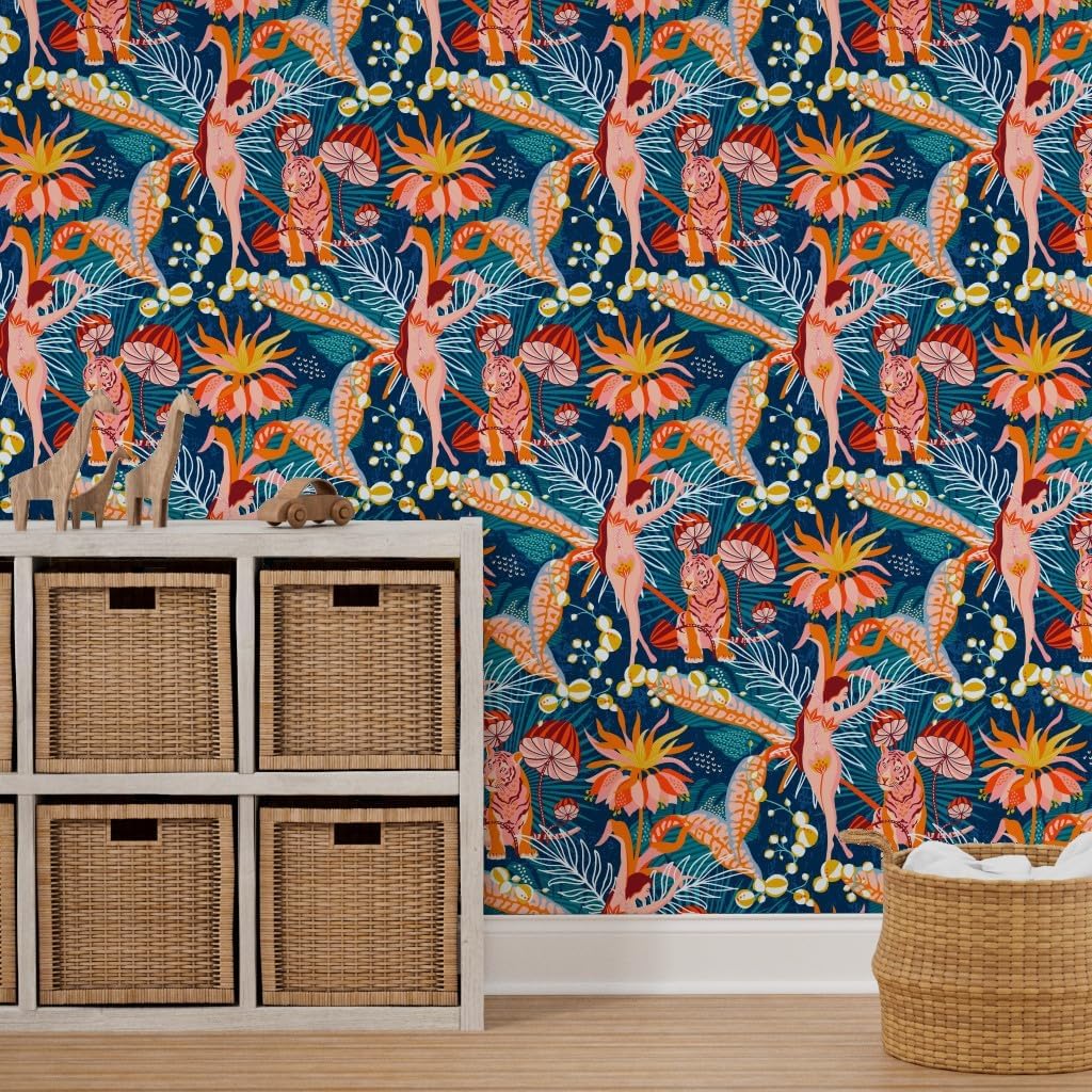 Peel & Stick Wallpaper 3ft x 2ft - Tropical Blossom Dance Flower Jungle Custom Removable Wallpaper by Spoonflower