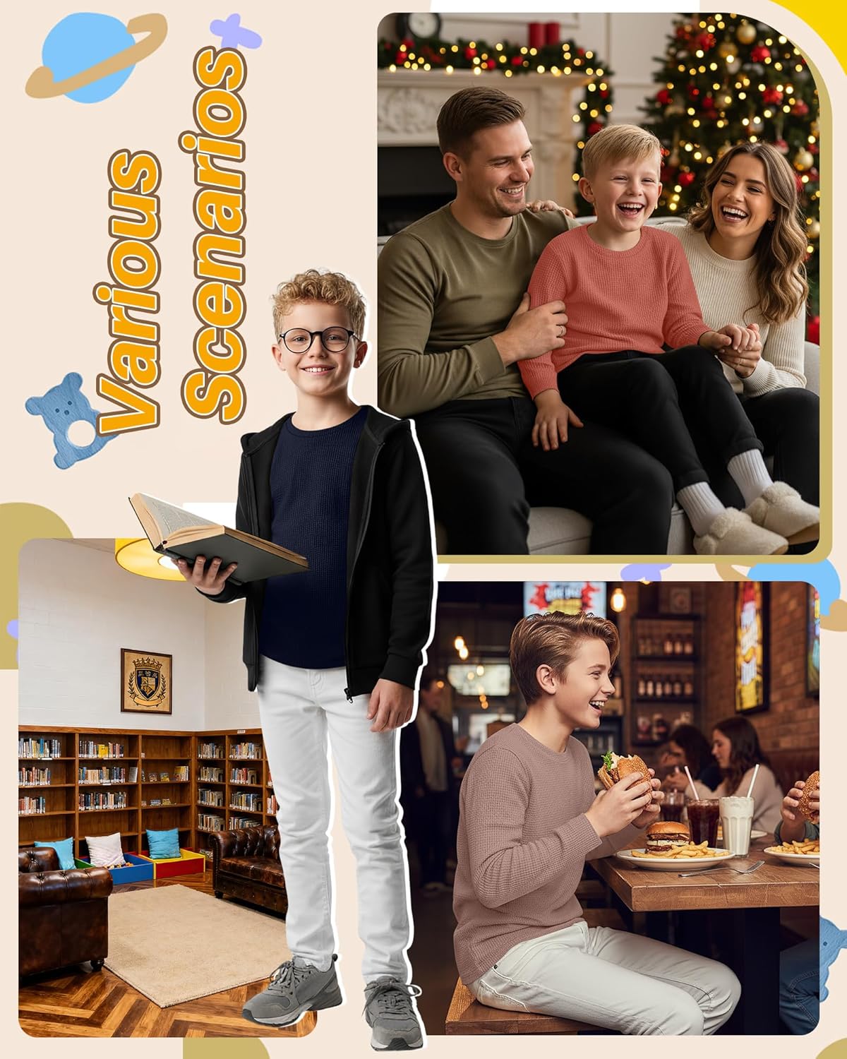 5 Pack Boy's Long Sleeve Shirts, Waffle Knit Crew Neck Tops T-Shirts Basic Layer Undershirts 5-14 Years Kids - Image 4