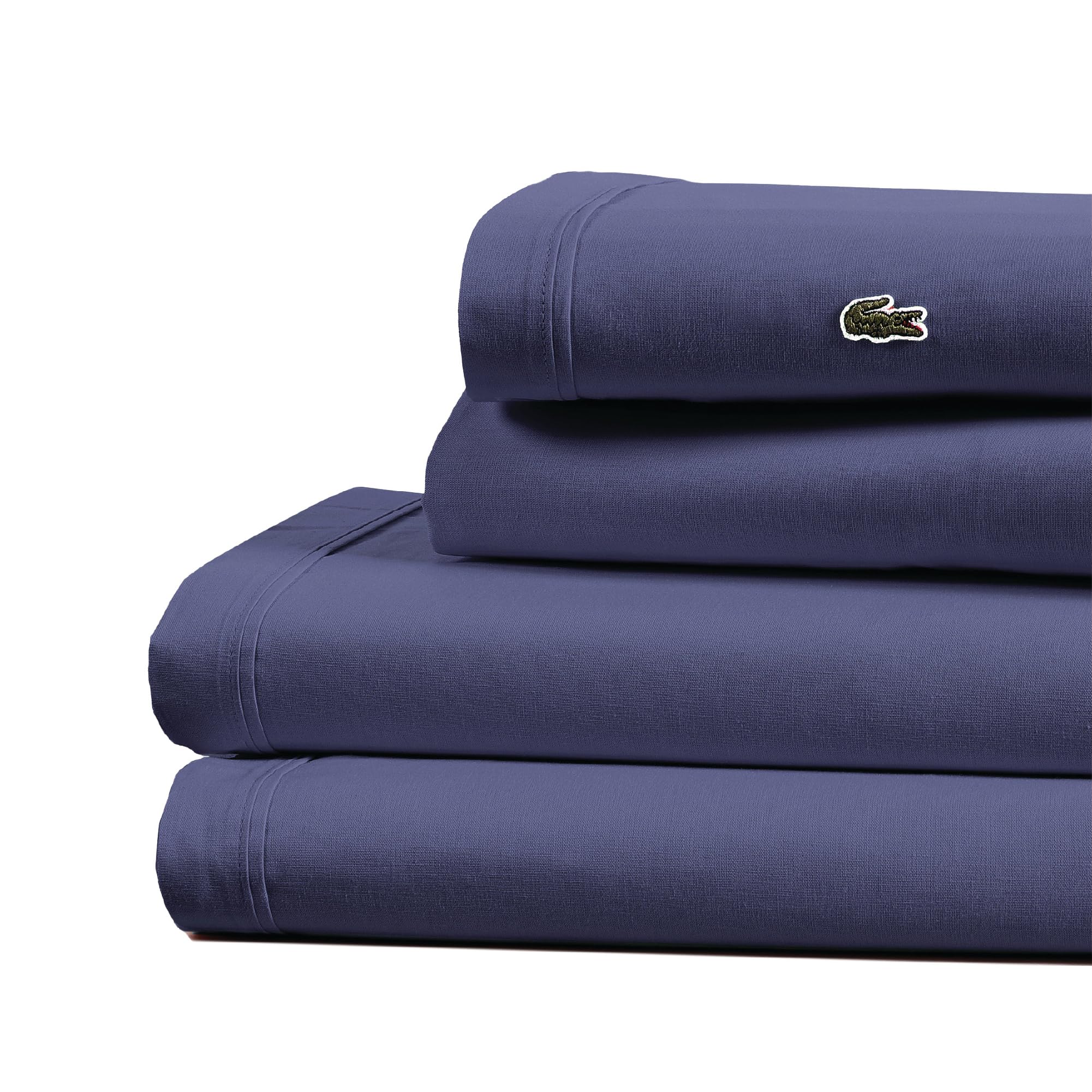 Lacoste 100% Cotton Percale 4-Piece Sheet Set – Cool, Crisp, Matte, and Durable, Oeko-Tex Certified – Solid, Vintage Indigo, Queen