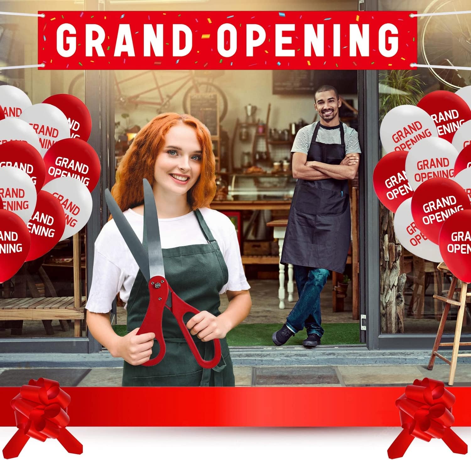 Grand Opening Red Ribbon Cutting Ceremony Kit - 25" Giant Scissors with Red Satin Ribbon, Banner, Balloons,Bows and More Supplies Grand Opening Decorations for Business