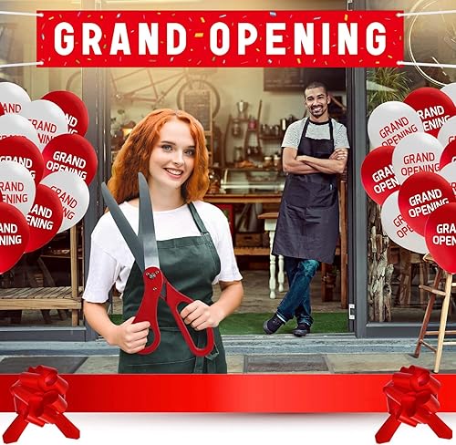 Miniatura 10 de Kit de ceremonia de corte de cinta dorada de gran apertura, tijeras gigantes de 25 pulgadas con cinta de satén dorada, pancarta, globos, lazos y más