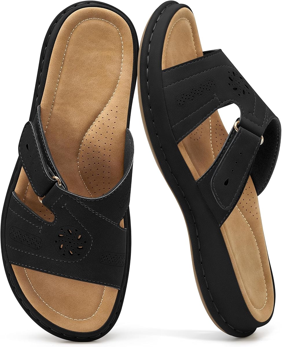 Womens Casual Slide Sandals: Adjustable Fit & Non-Slip Rubber Outsole for Errands - Arch Support & Cushioned Memory Foam Insole for Outdoor & Indoor Comfort - For Busy Women