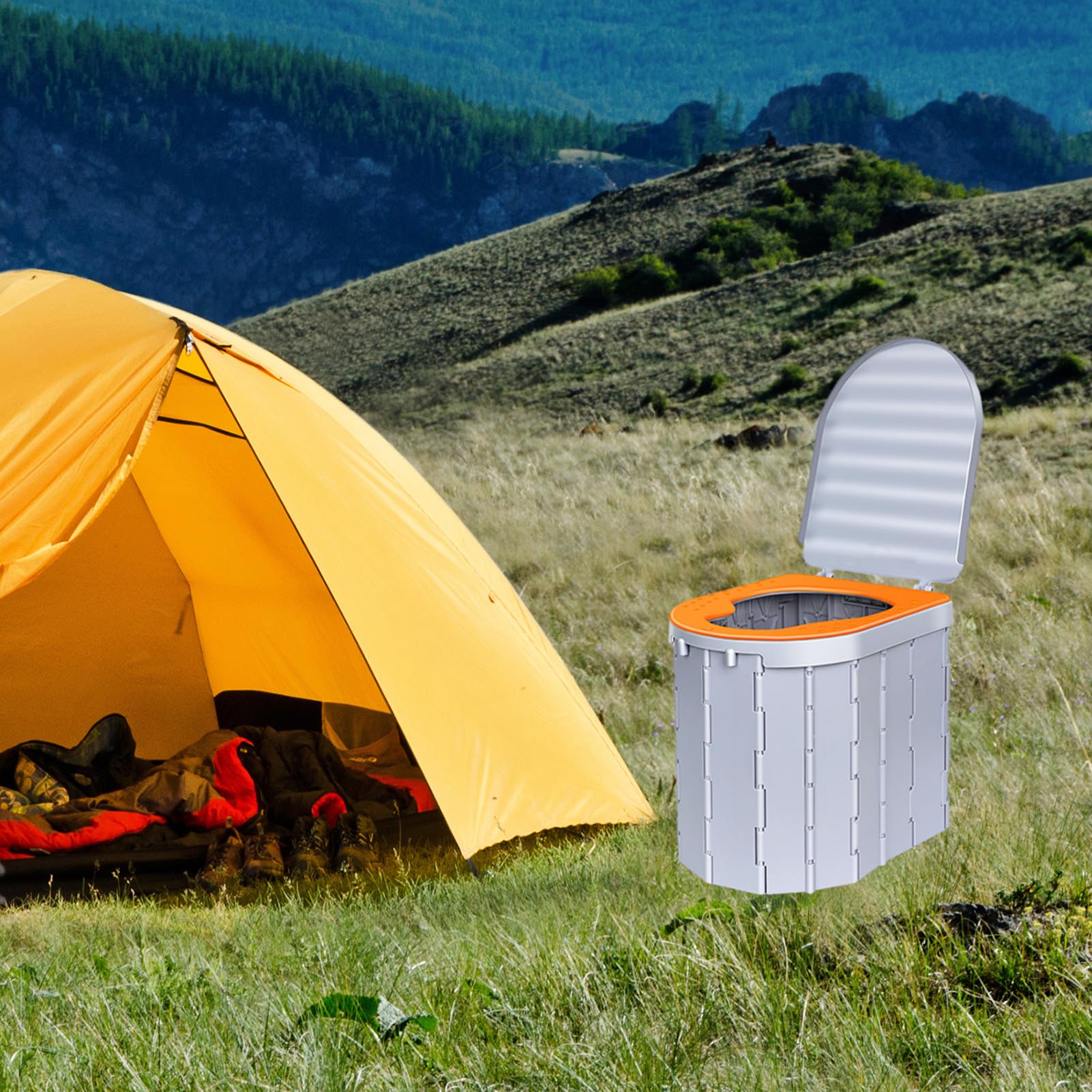 Teksome Inodoros portátiles, Orinal de viaje - Asiento de inodoro plegable | para exteriores - Inodoro portátil para coche con 15 bolsas de basura y bolsa de almacenamiento, baño de Camping para viajes,
