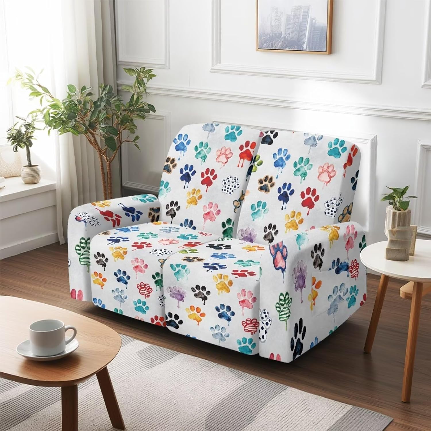 Suobstales Colorful Dog Paw Paint Splatter Print Reclining Loveseat Slipcover, 6-Piece Velvet Stretch Loveseat Reclining Sofa Covers, 2 Seat Recliner Couch Washable Love Seat Slipcovers