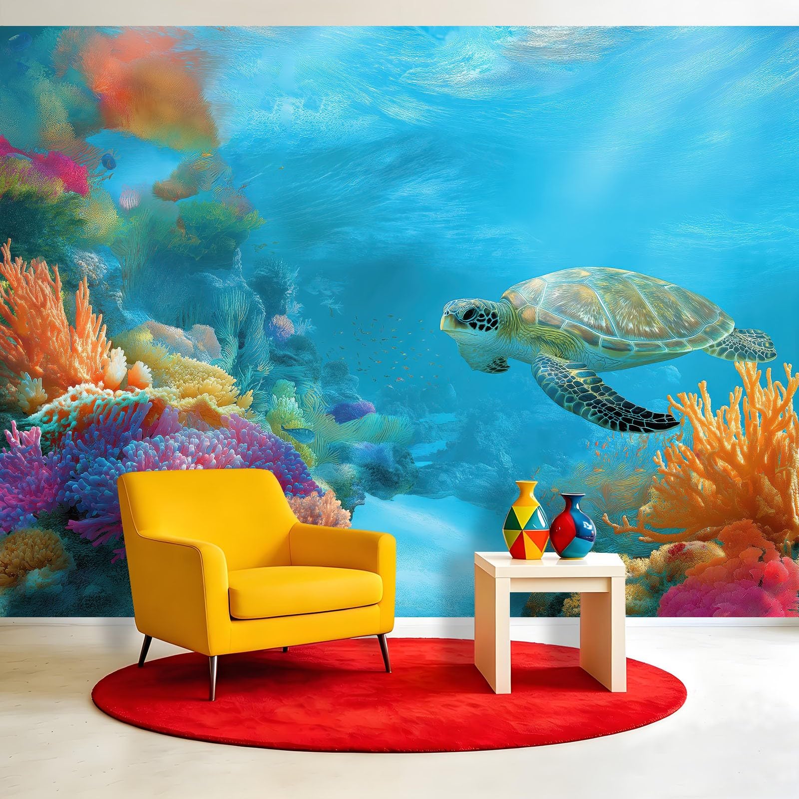 Panoramiczna tapeta 3D fantazyjne stworzenia ozean plakat ścienny, zwierzęta żółw morze rafa koralowa ławka ryba tapeta z włókniny do salonu pokoju dziecięcego i biura Sofa tło telewizora 350 x 256 cm