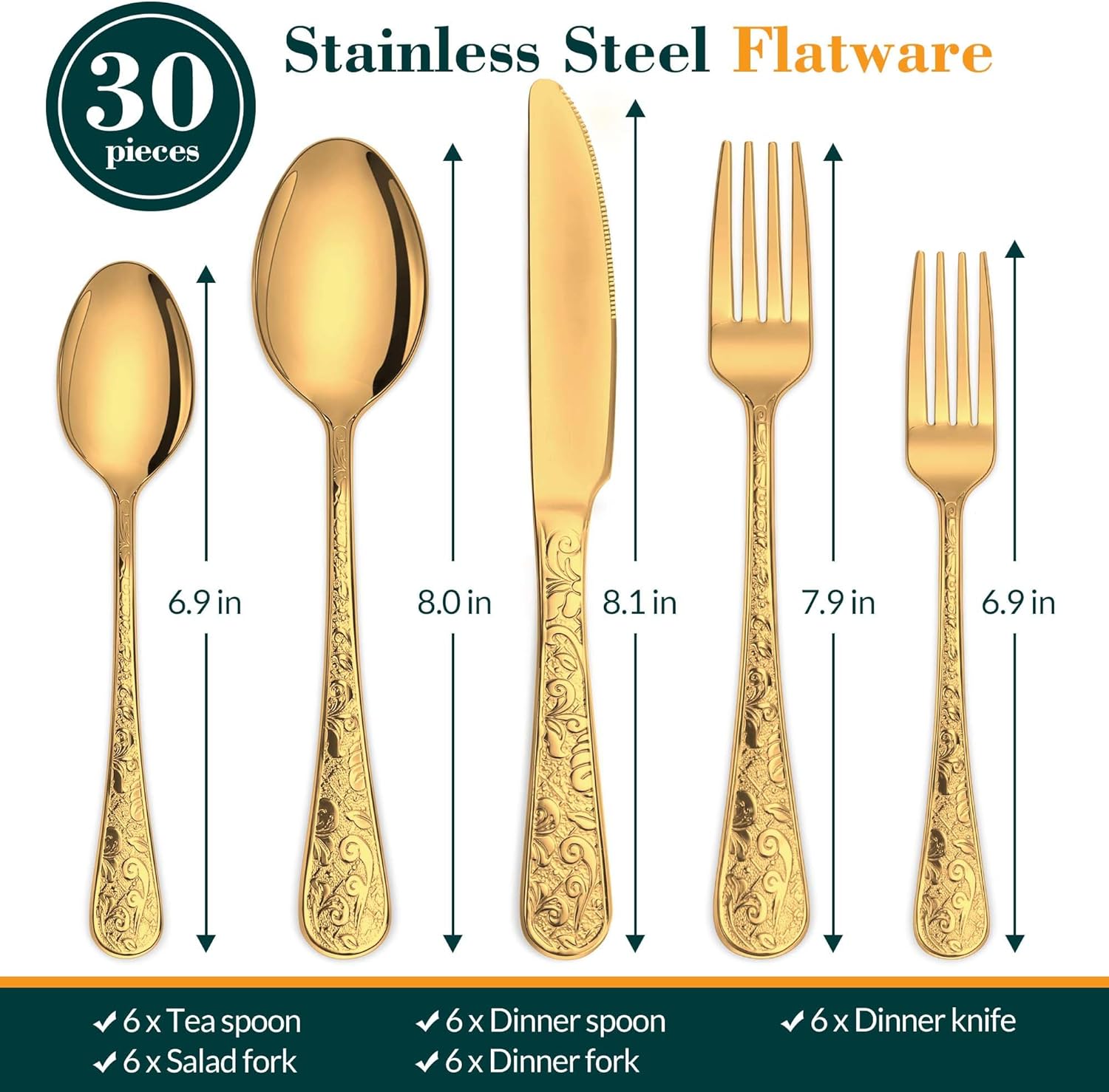 Gold Silverware Set, 30 Pieces Vintage Carved Flatware Set for 6, Stainless Steel Cutlery Set with Knife/Fork/Spoon,Utensil Set for Home and Kitchen, Dishwasher Safe
