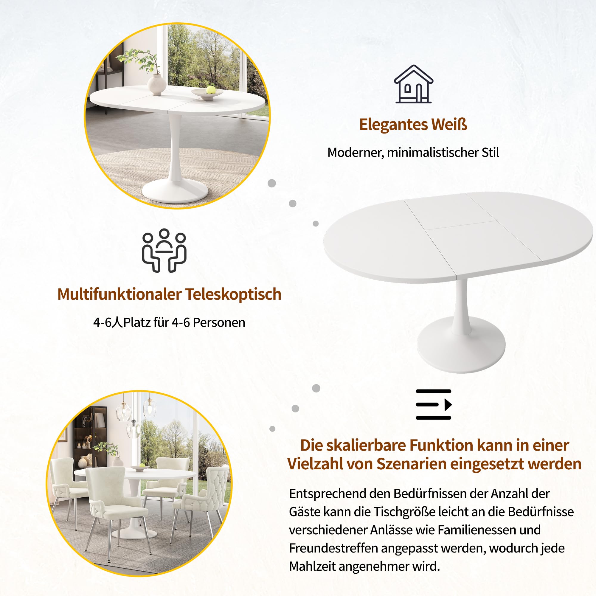 sogesfurniture Tavolo da pranzo allungabile ovale moderno per 4-6 persone, lunghezza 100/140 x larghezza 100 x altezza 75 cm