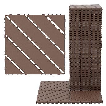 44 Pack Interlocking Deck Tiles, 12x12 Inch Modern Plastic Outdoor Flooring - Waterproof Patio Tiles for All Weather Use for Porch, Poolside, Balcony, Backyard, Bathroom, 6-Diagonal Brown