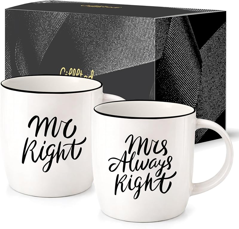 Juego de regalo de tazas de café Triple Gifffted Mr Right and Mrs Always Right, 13 oz | Regalos para parejas, aniversario de bodas, compromiso, Navidad, para él y para ella, novios, padres, despedida de soltera para recién casados