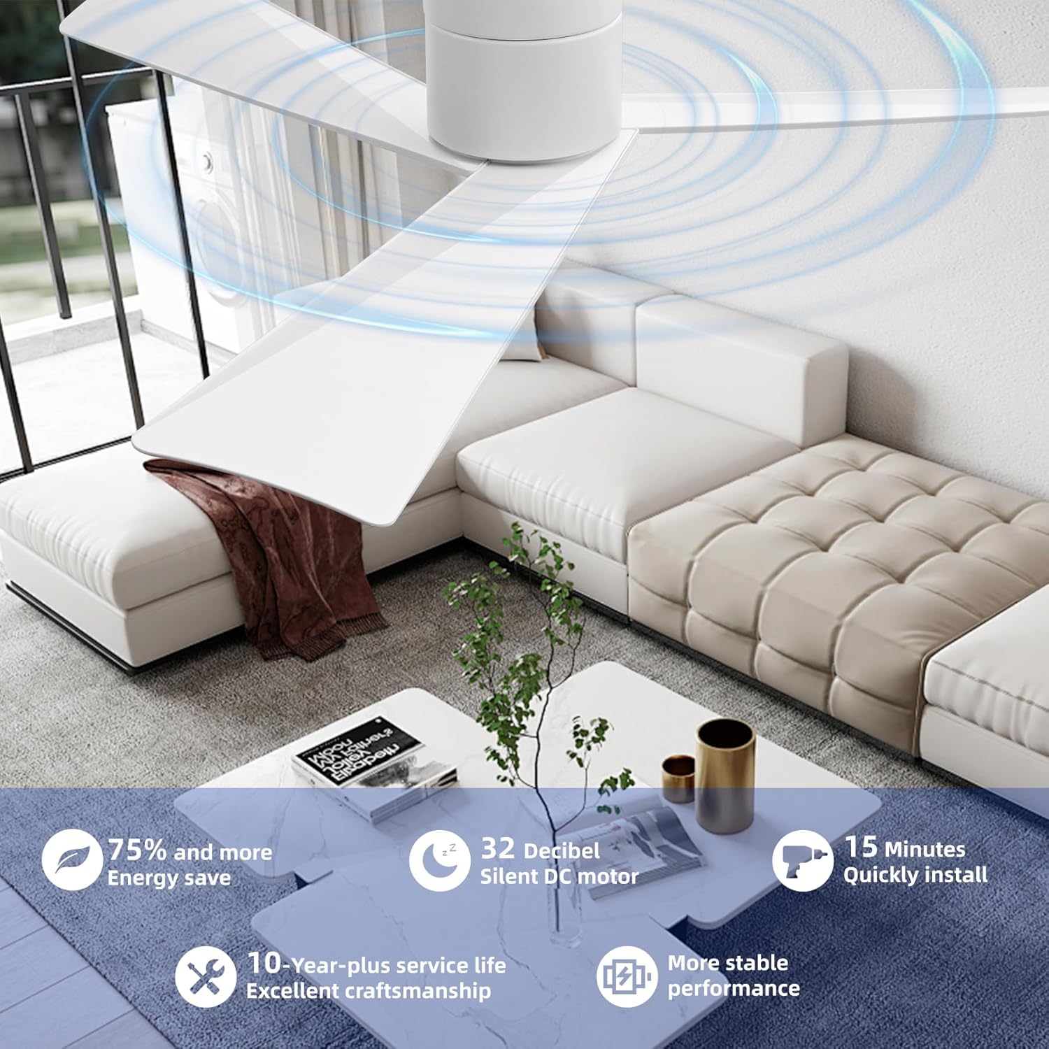 52-inch white ceiling fan without light, modern low-profile flush mount fan with remote, 6-speed reversible quiet dc motor,for patio, living room, bedroom (no light) white+flush mount 52 inches