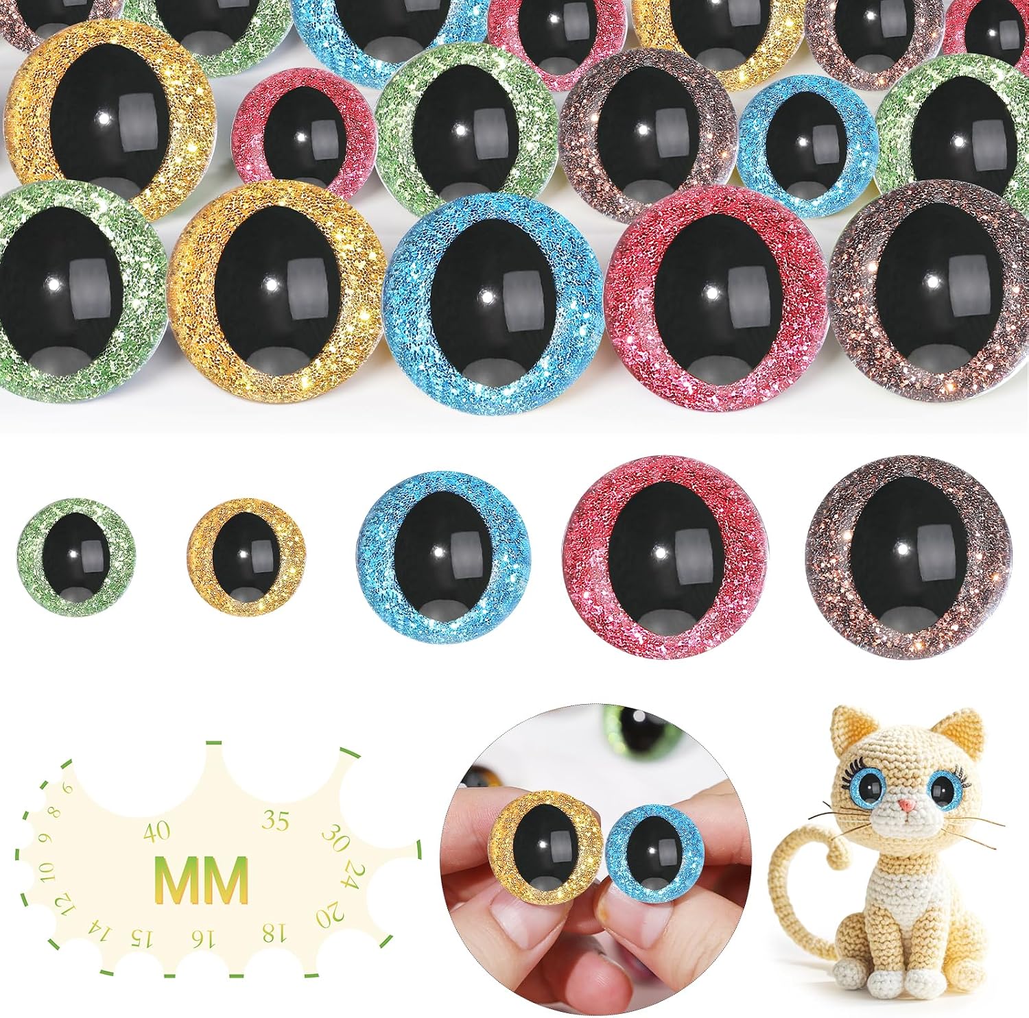 MUCUNNIA 30pcs 20-30mm Glitter Cat Safety Eyes for Crocheting with Washers