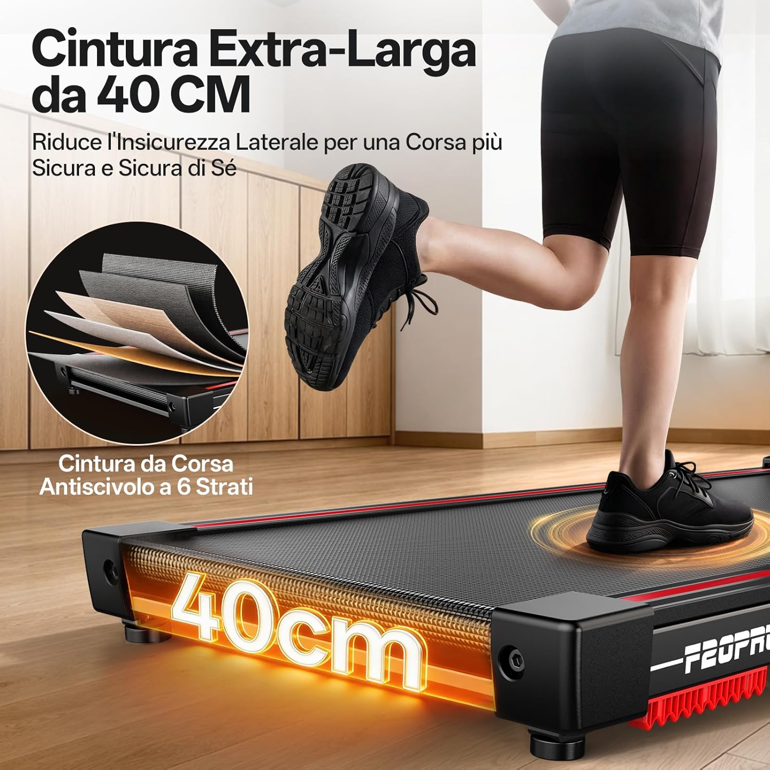 Close-up of the JOROTO F20PRO treadmill's 40 cm wide running belt