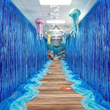 11 Pcs Under The Ocean Decorations Kit Vbs 2026 Decor Under The Sea Hanging Red Sea Banners with 8 Blue Foil Fringe Curtains 1 Pier Aisle Runner 2 Mesh Ocean Backdrop for Summer Vocation Classroom