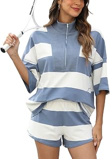 Women's Striped 2 Piece Outfits Oversized Lounge Set Summer Workout Sets Top and Shorts with Pockets