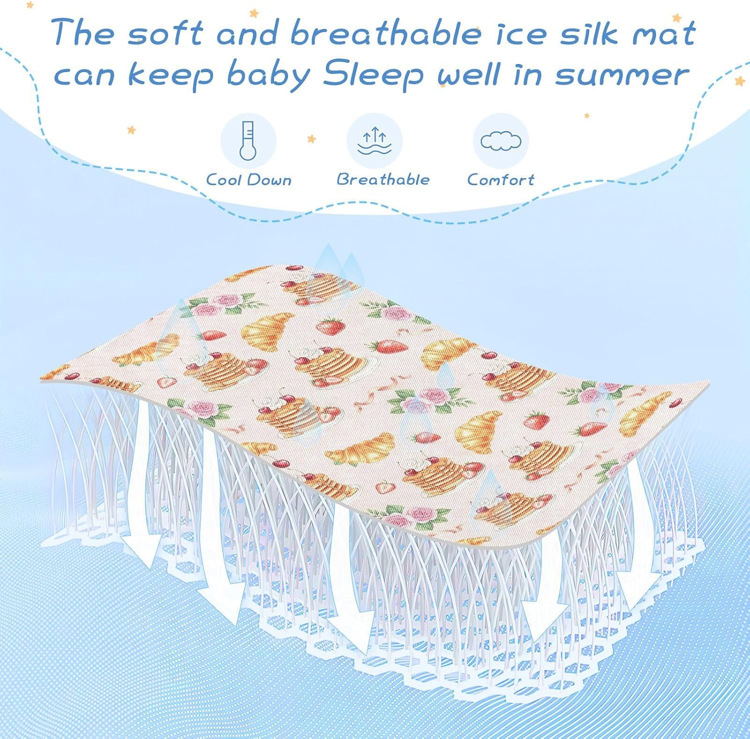 Baby Cooling Mat Cute Dessert Theme Ice Silk Breathable Mesh Summer Crib Mattress Pad with Pillowcase, Soft Cooling Sleeping Surface for Infant & Toddler, 52"x28"