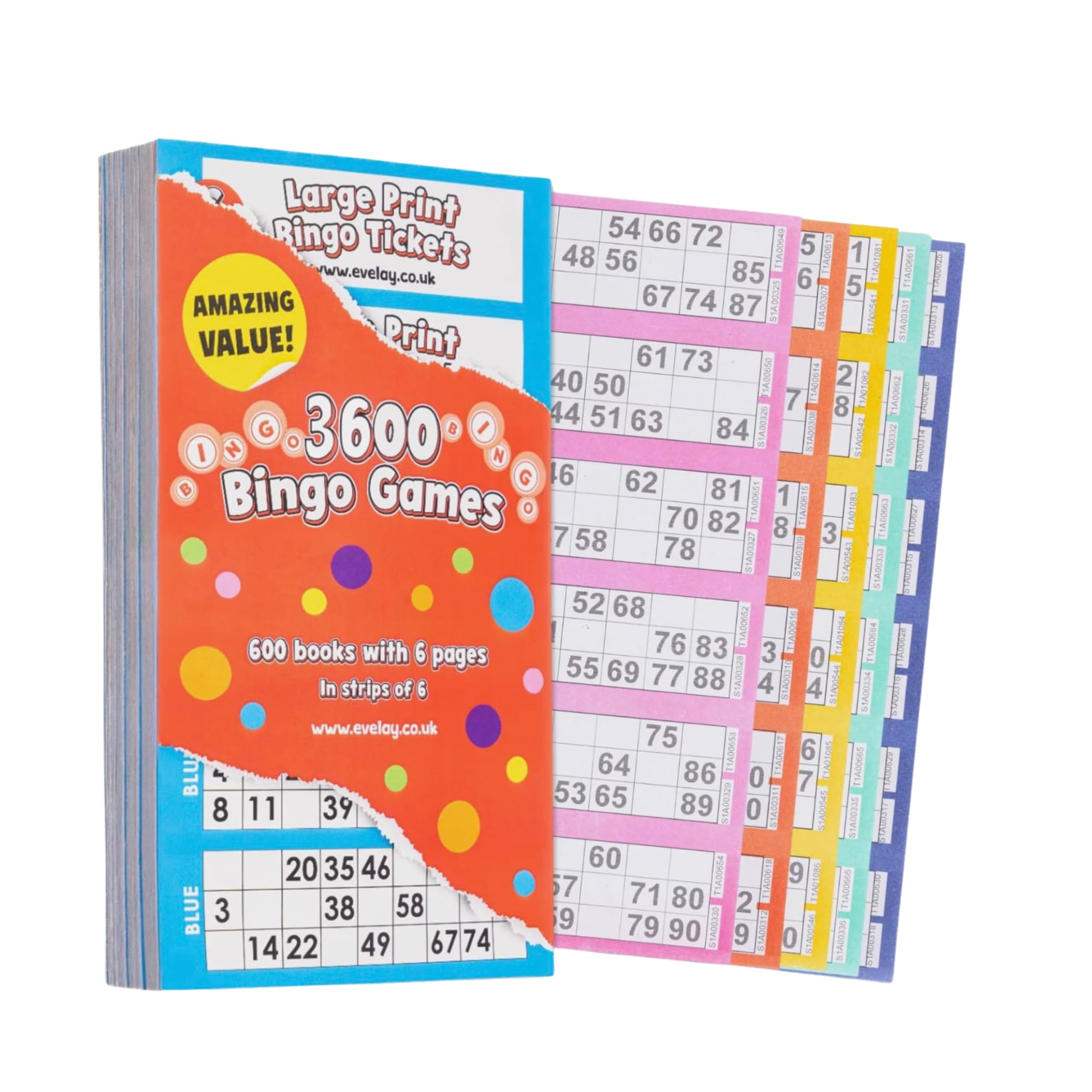 evelay Bingo Books | 6 Page Books Large Print 3600 Tickets Multi-Coloured with Security Codes | Easy Tear-Out Bingo Cards (100)