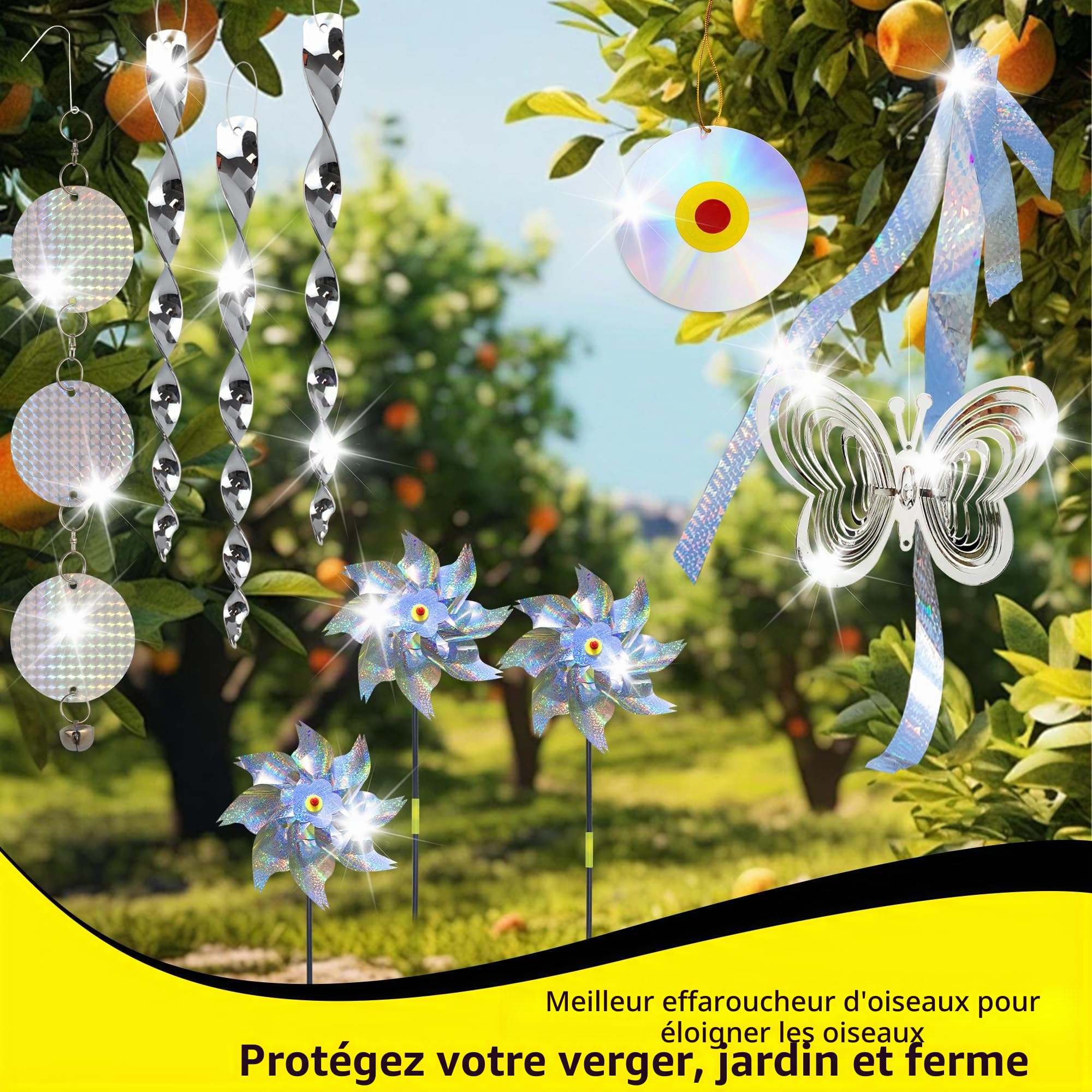 Lot d'épouvantail pour oiseaux - comprend 2 moulins à vent réfléchissants, 2 moulins à vent en forme de papillon, 6 dispositifs en spirale, 1 ruban effaroucheur et 2 disques, pour éloigner les