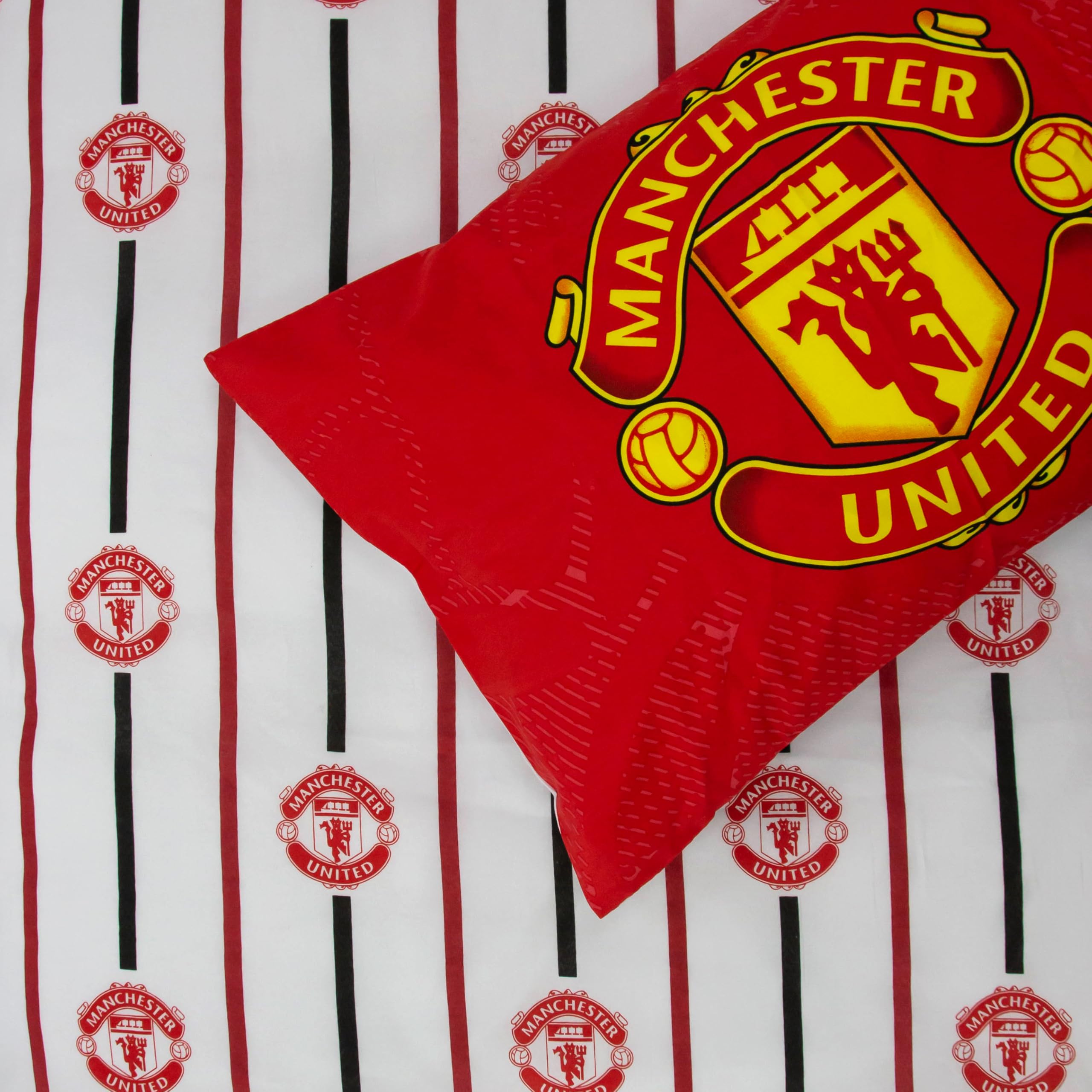 Manchester United FC Oficjalny zestaw poszewek na kołdrę Character World, wzór herbu, czerwona, dwustronna, piłkarska, oficjalny produkt, w tym pasująca poszewka na poduszkę
