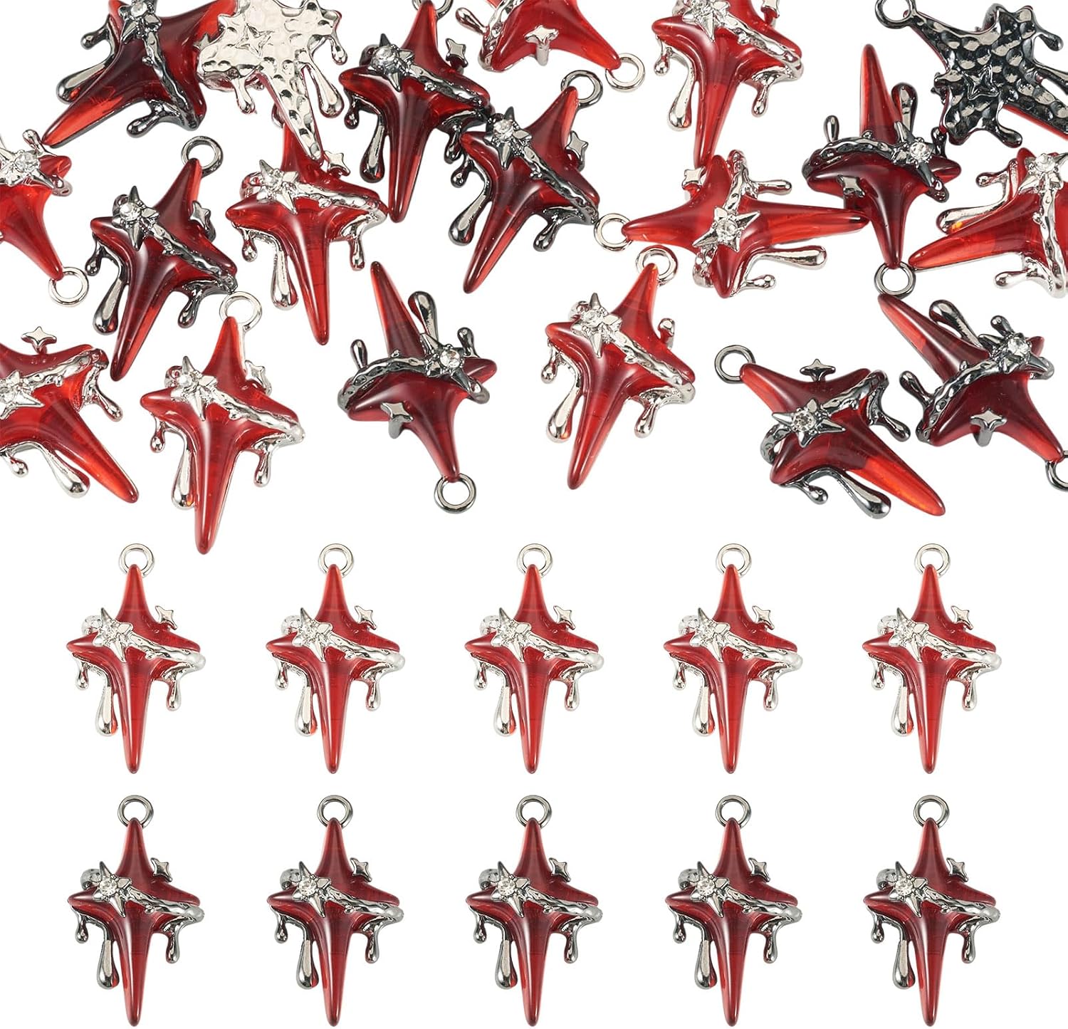 20Pcs Alloy Red Sacred Cross Charms Platinum Plated Gothic Red Crucifix Cross Pendants with Teardrop Star for DIY Earring Necklace Bracelet Jewelry Making, 32x19x11mm
