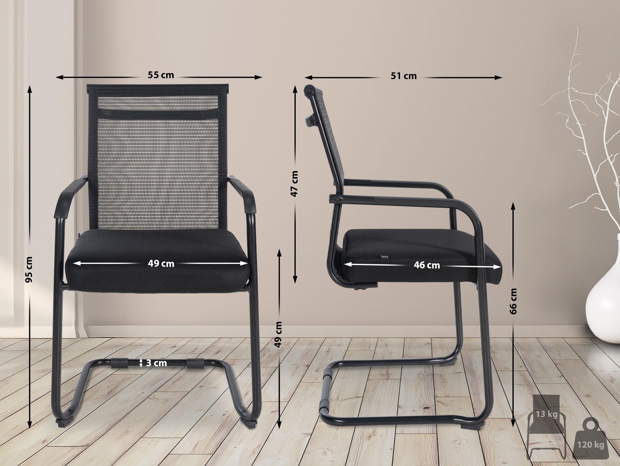 CLP Lot de 2 chaises Visiteur Denny avec Rembourrage et résille I Piétement Luge avec Structure métallique et accoudoirs, Couleur:Noir