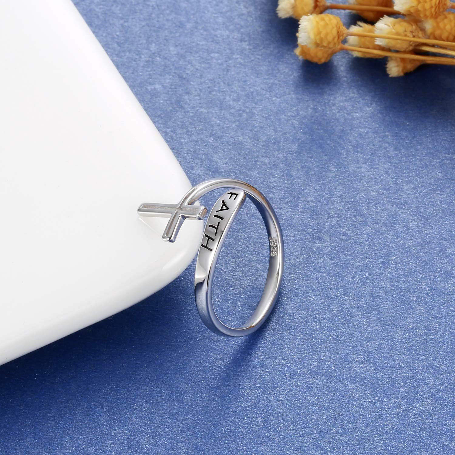 APOTIE Faith Cross Ring for Women - Sterling Silver Christian Bless Adjustable Rings Jewelry Gift for Women