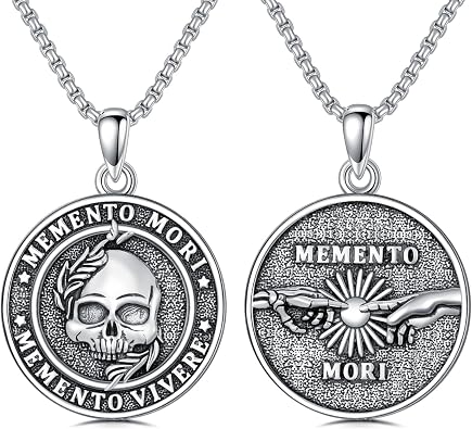 Memento Mori Necklace 925 Sterling Silver Memento Mori Pendant Gothic Skull Jewelry Gift for Men Women 22+2 Inch Chain