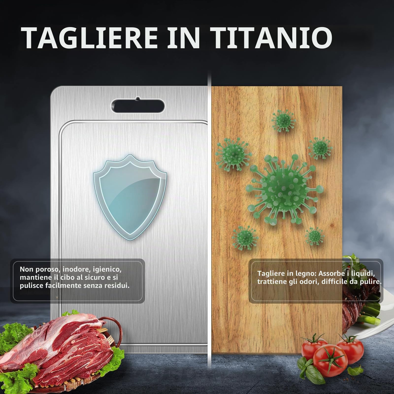 Tagliere in titanio puro al 100% con scanalatura per succhi di frutta, in metallo, per alimenti, tagliere a doppia faccia per tagliare carne, verdura e frutta (titanio-XL)