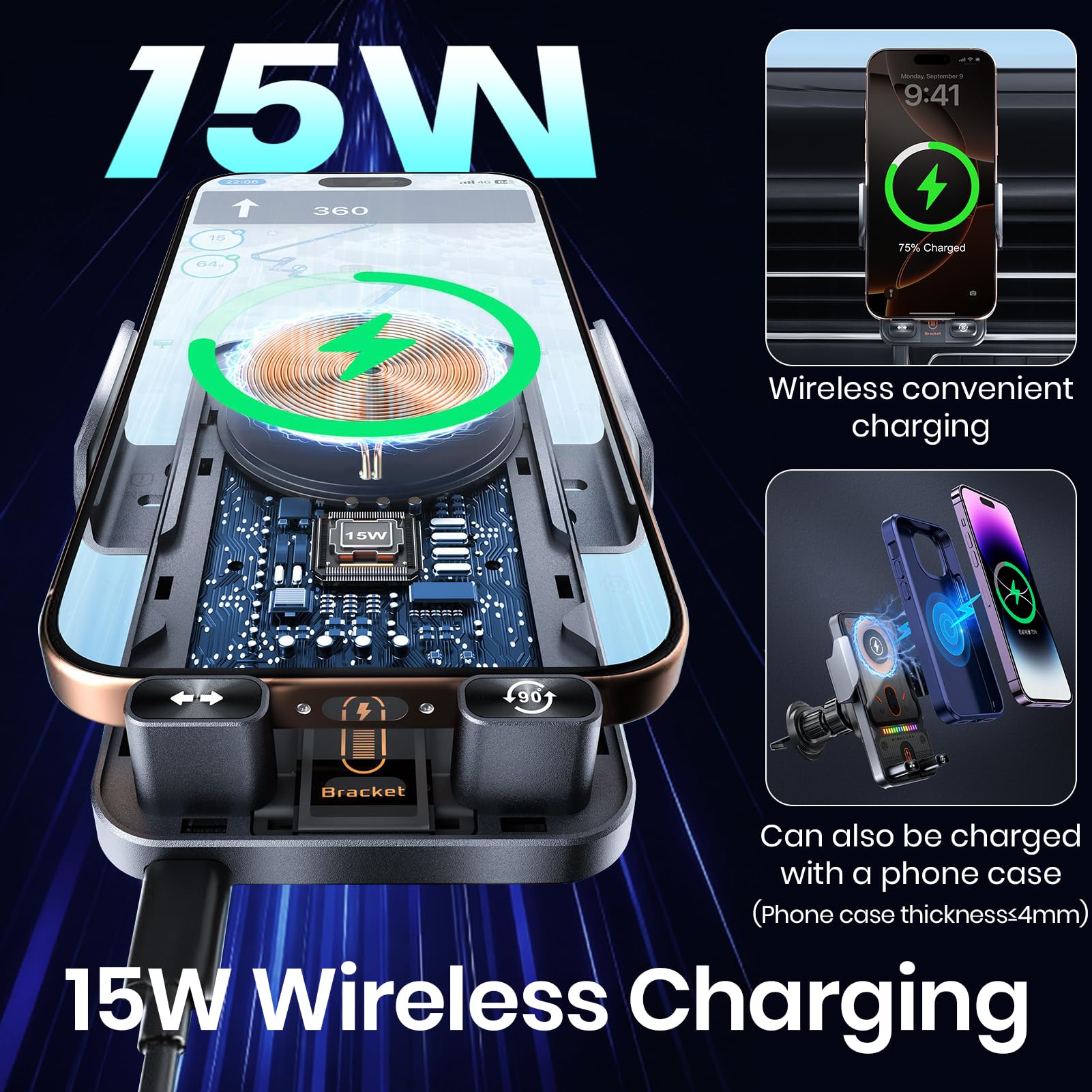 Supporto per telefono da auto con caricabatterie wireless da auto da 15 W, staffa di montaggio per bocchetta dell'aria con apertura e chiusura a induzione, supporto per telefono con regolazione della