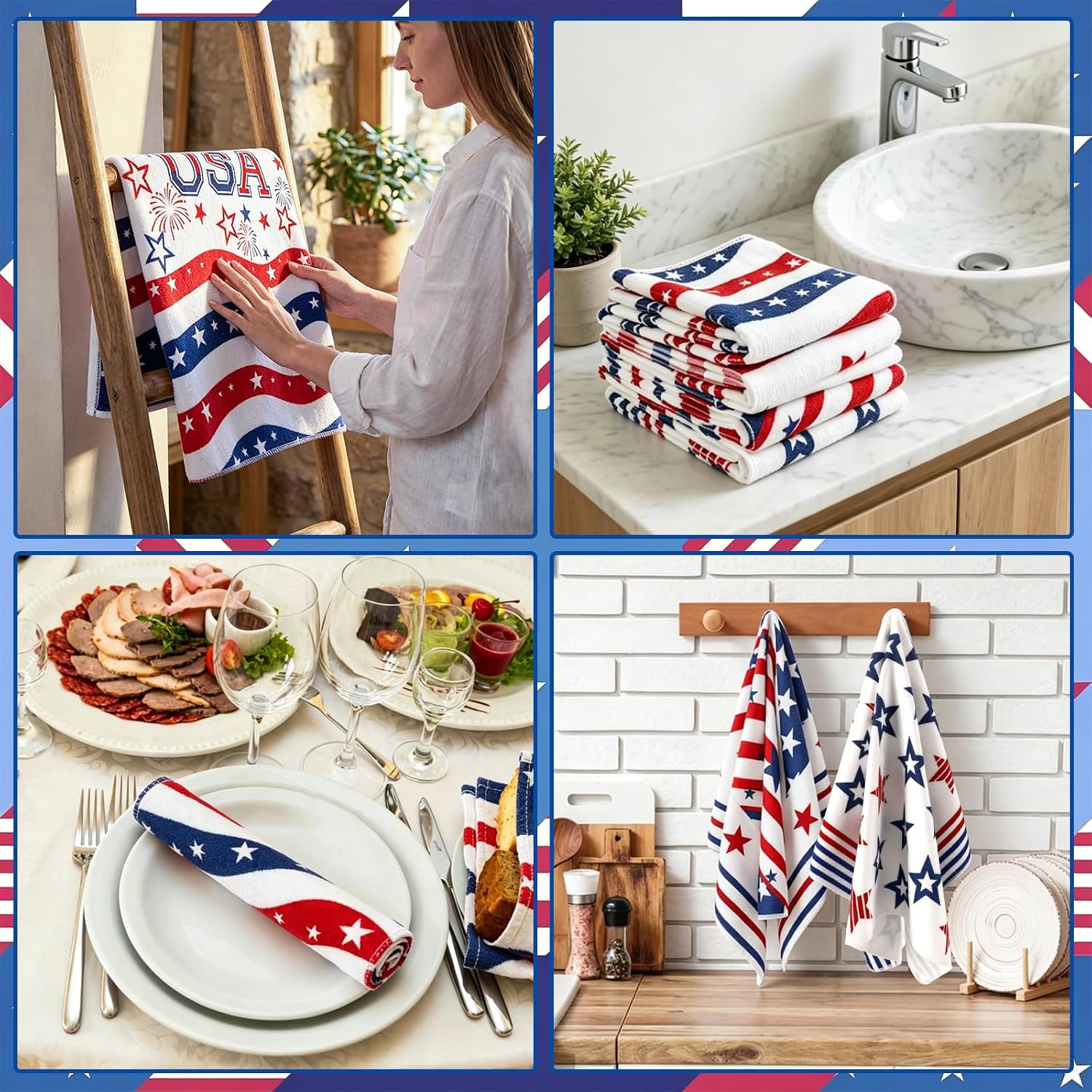 4th of July Kitchen Towels, Patriotic Red Blue and White Star Hand Towels Absorbent Holiday Cotton Dish Cloths for USA America Independence Day Decor