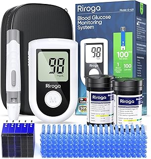 Riroga Blood Glucose Monitor Kit with 100 Glucometer Strips, 100 Lancets, 1 Blood Sugar Monitor,Blood Sugar Test Kit for Home Use,Travel Case for Blood Glucose Monitor Kit,Lancing Device, No Coding