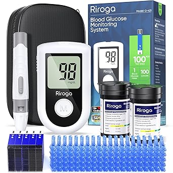 Blood Glucose Monitor Kit with 100 Glucometer Strips, 100 Lancets, 1 Blood Sugar Monitor,Blood Sugar Test Kit for Home Use,Travel Case for Blood Glucose Monitor Kit,Lancing Device, No Coding