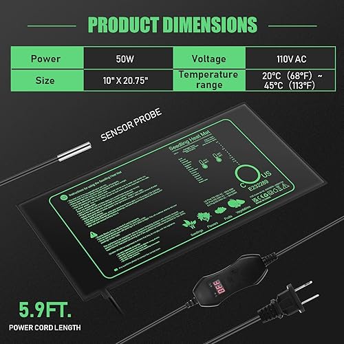 Miniatura 9 de ROCEEI Paquete de 2 alfombrillas térmicas de plántulas con controlador de termostato digital de 20 x 20.75 pulgadas, impermeable, para germinación