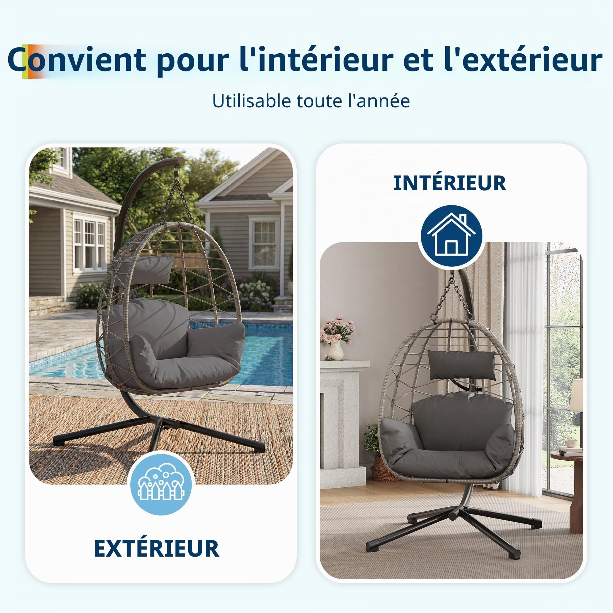 Fauteuil Suspendu Extérieur avec Support, Coussin Épais，Charge 150kg-Gris
