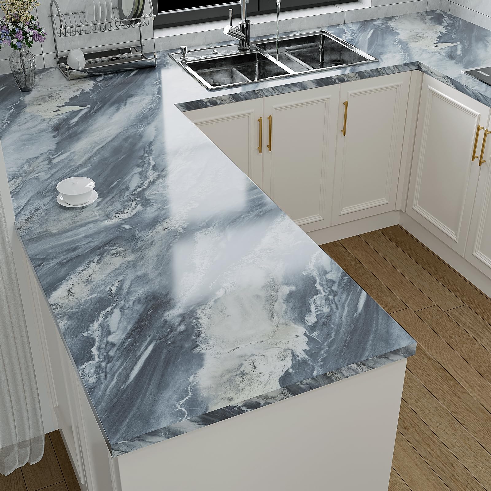 VaryPaper Carta da parati autoadesiva in granito impermeabile, 81,3 x 899,2 cm, effetto marmo blu grigio lucido, carta da parati autoadesiva per cucina, bagno, piano di lavoro, in vinile