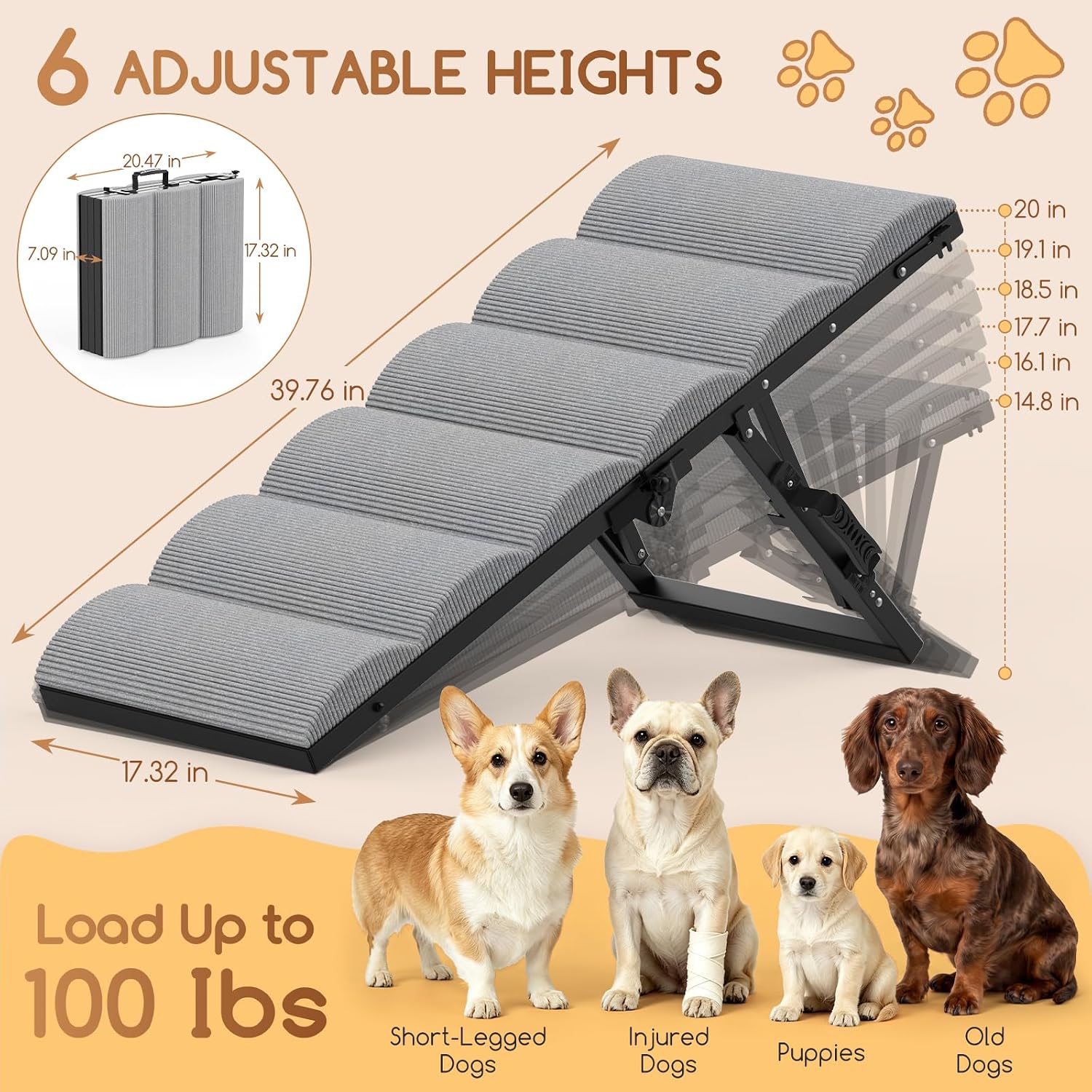 Dog Ramp for Bed, 6 Adjustable Height from 14.8'' to 20" | No Assembly | Foldable Pet Ramp, Metal Frame Dog Ramp for Couch Sofa, Stable Dog Steps with Non-Slip Pad, Stairs for Dogs to Get on Bed